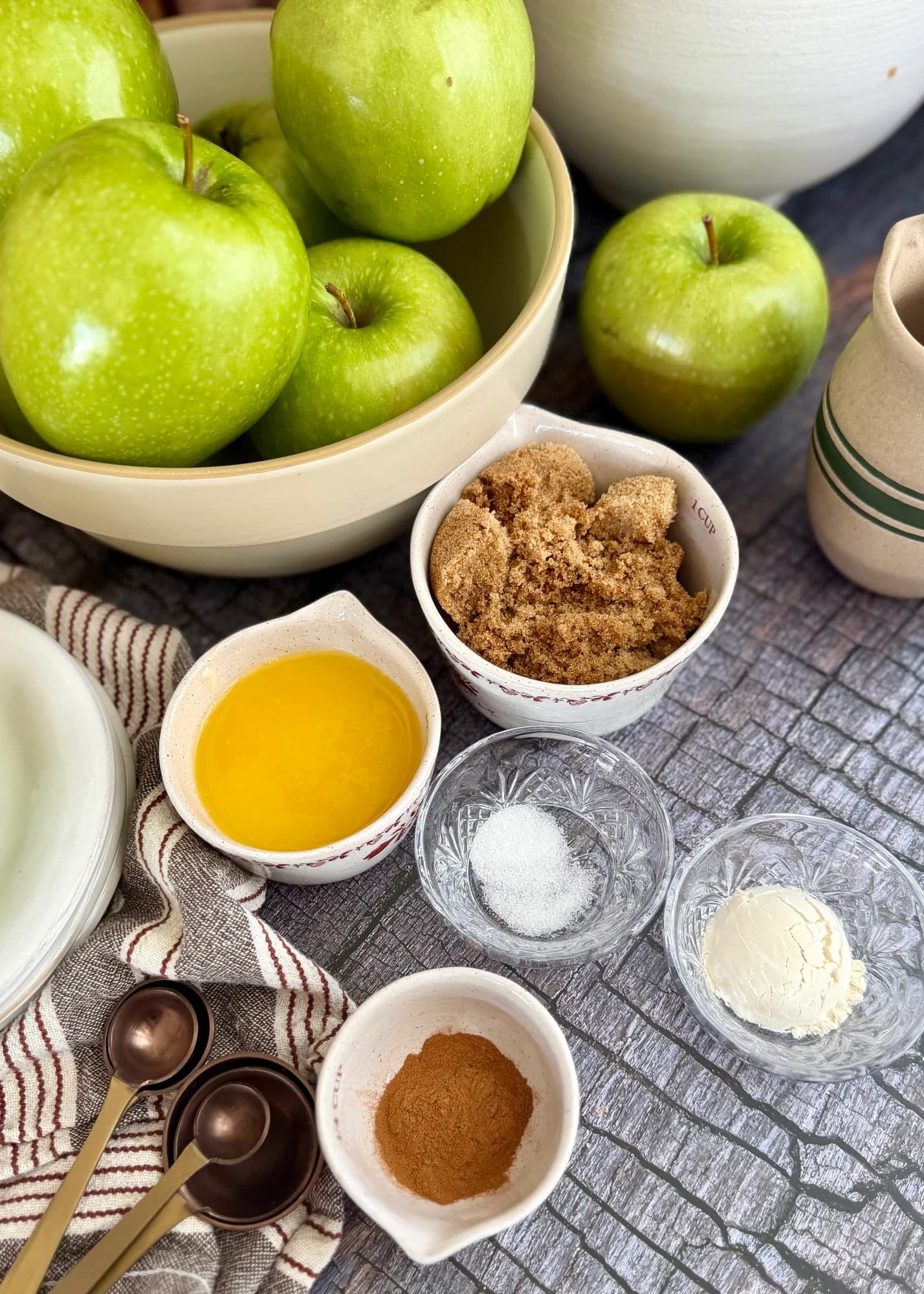 Melted butter, brown sugar, cinnamon, flour, and salt in separate bowls