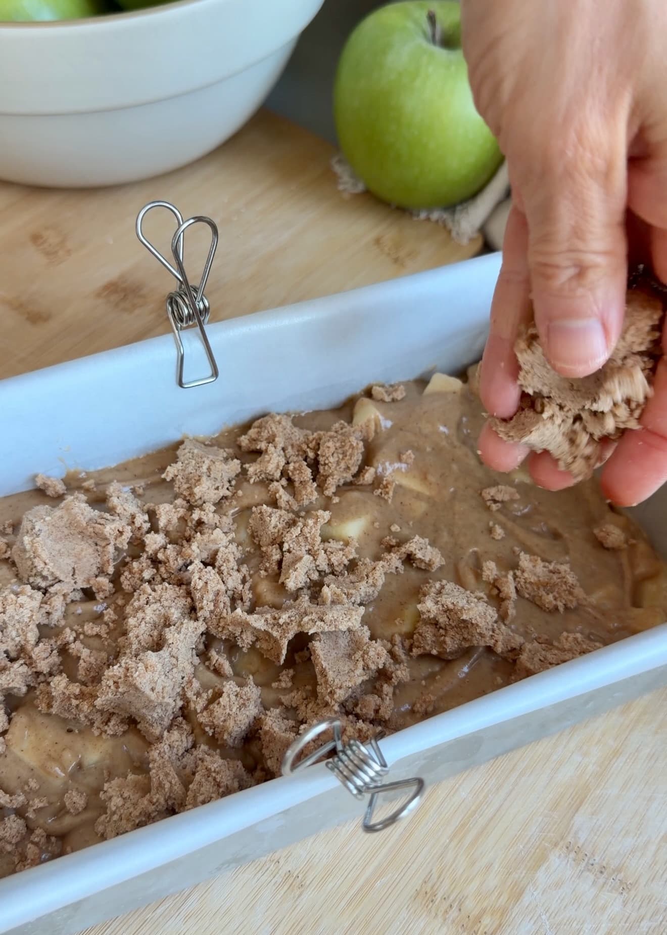 Cinnamon streusel layered over Apple Fritter Donut Loaf batter
