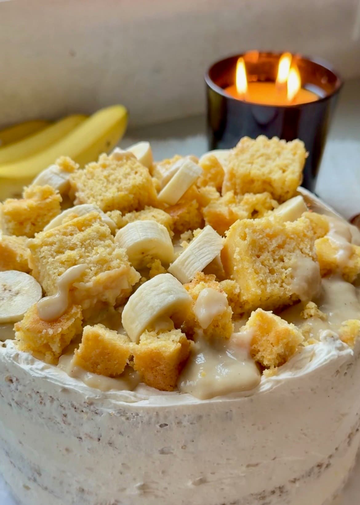 Banana Cream and Cornbread Lava Cake topped with banana slices and cornbread pieces