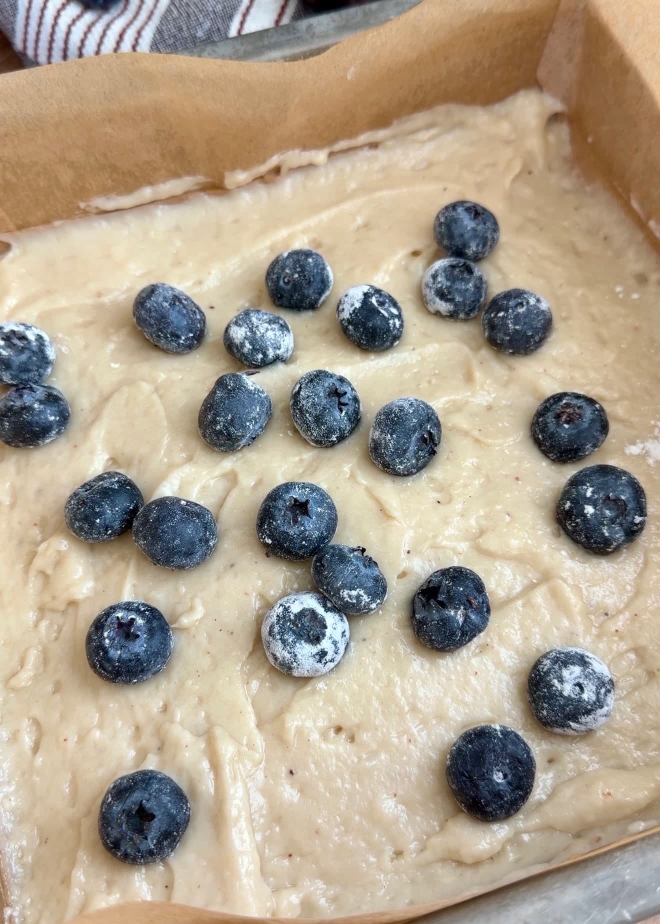 Lightly flour-coated blueberries spaced across the first layer of cake batter
