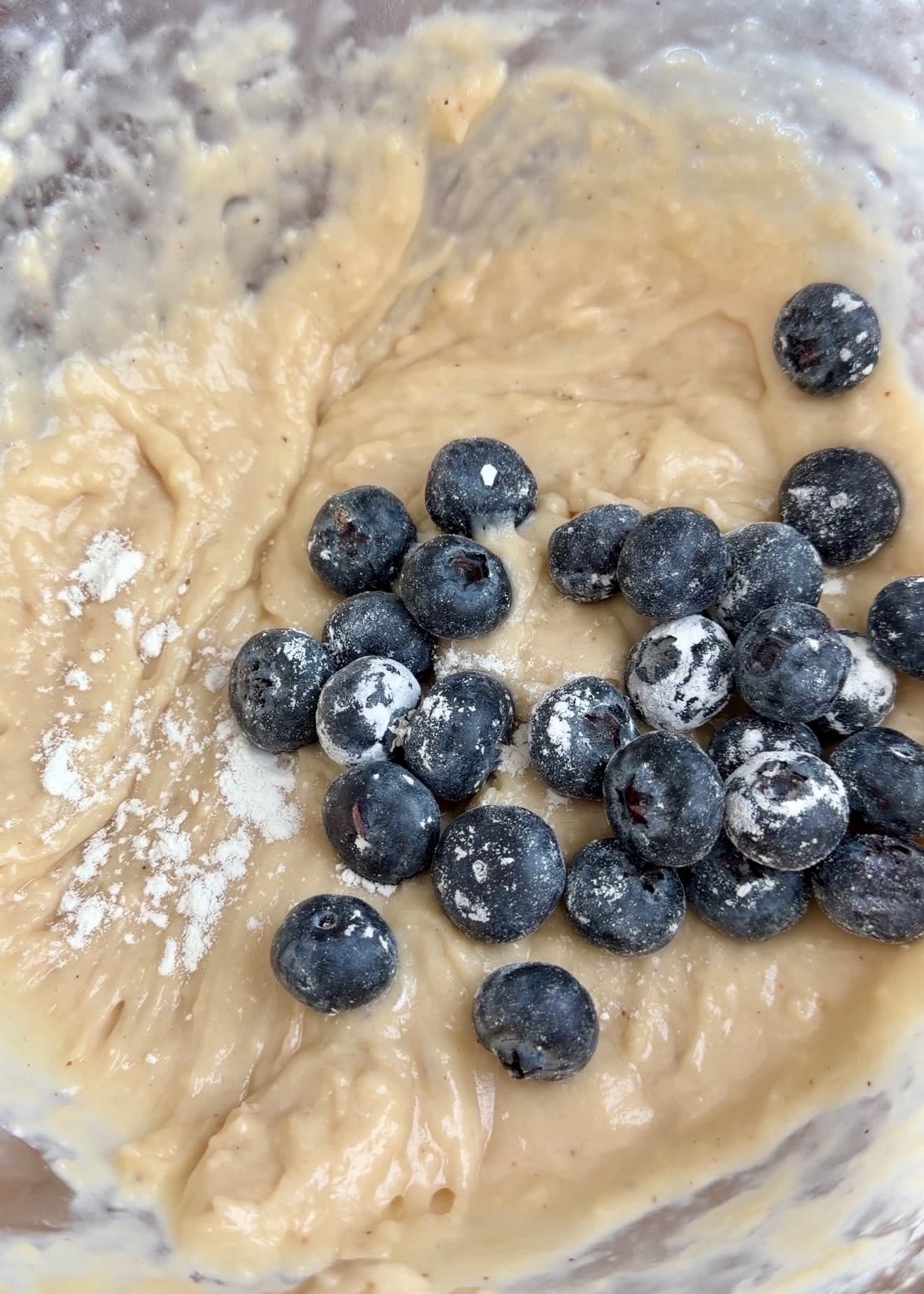 Blueberries added to the batter remaining in the mixing bowl