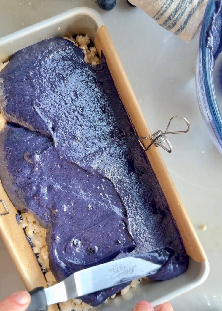 Blueberry Old-Fashioned Donut Loaf: batter spread