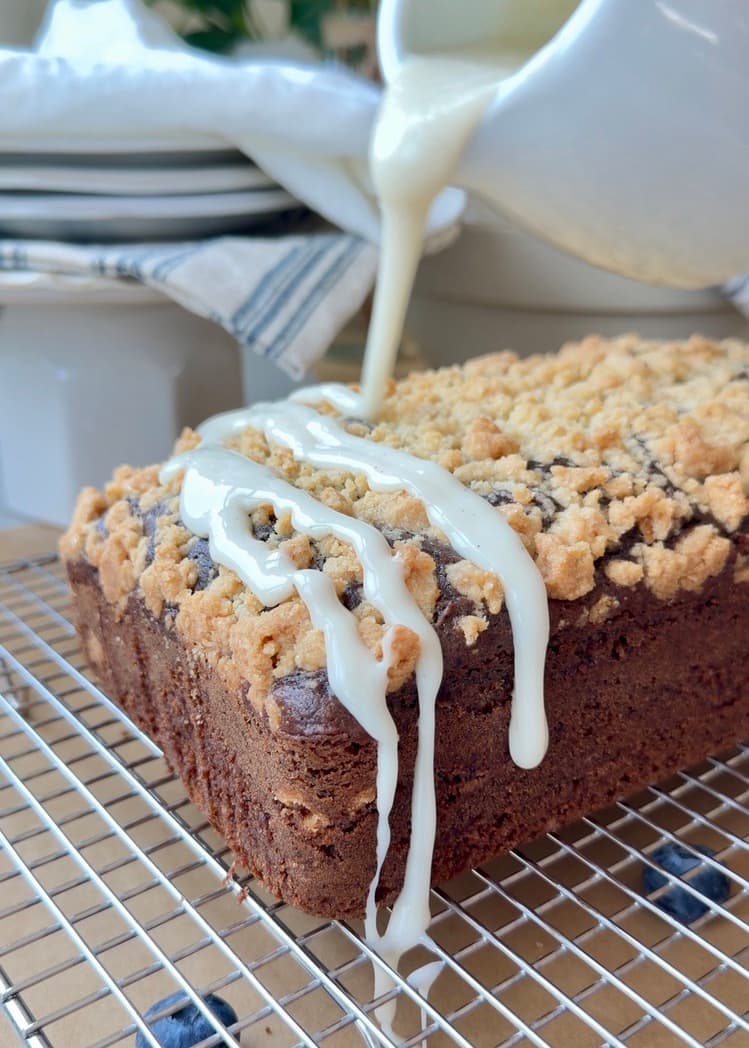 Blueberry Old-Fashioned Donut Loaf: glaze pour