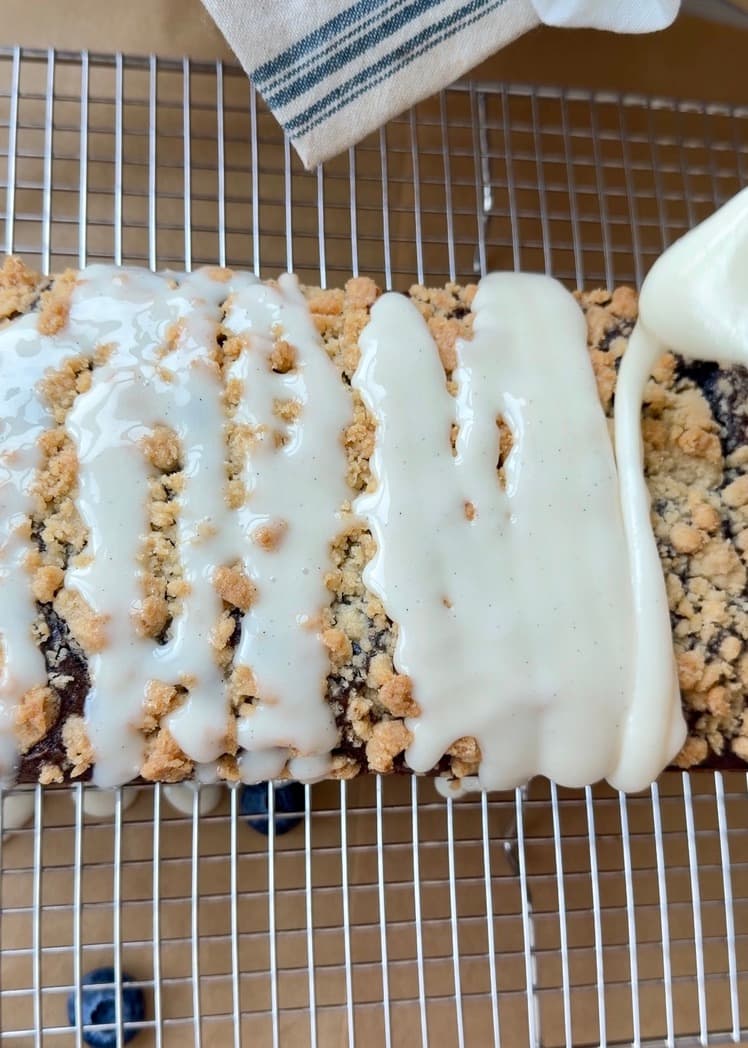Blueberry Old-Fashioned Donut Loaf: glaze spread