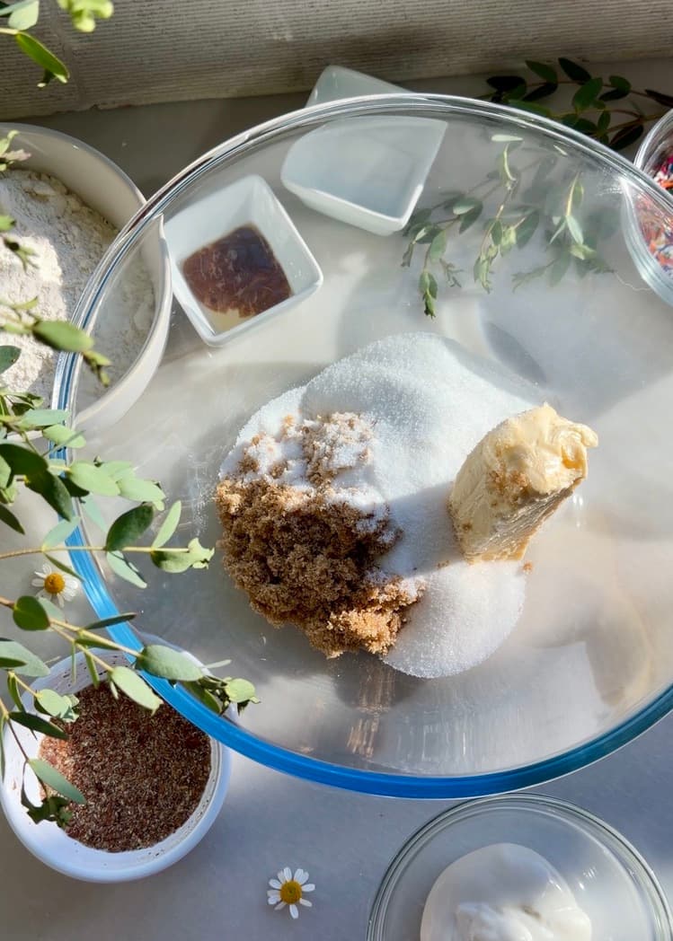 Butter, brown sugar and granulated sugar in a clear mixing bowl before creaming