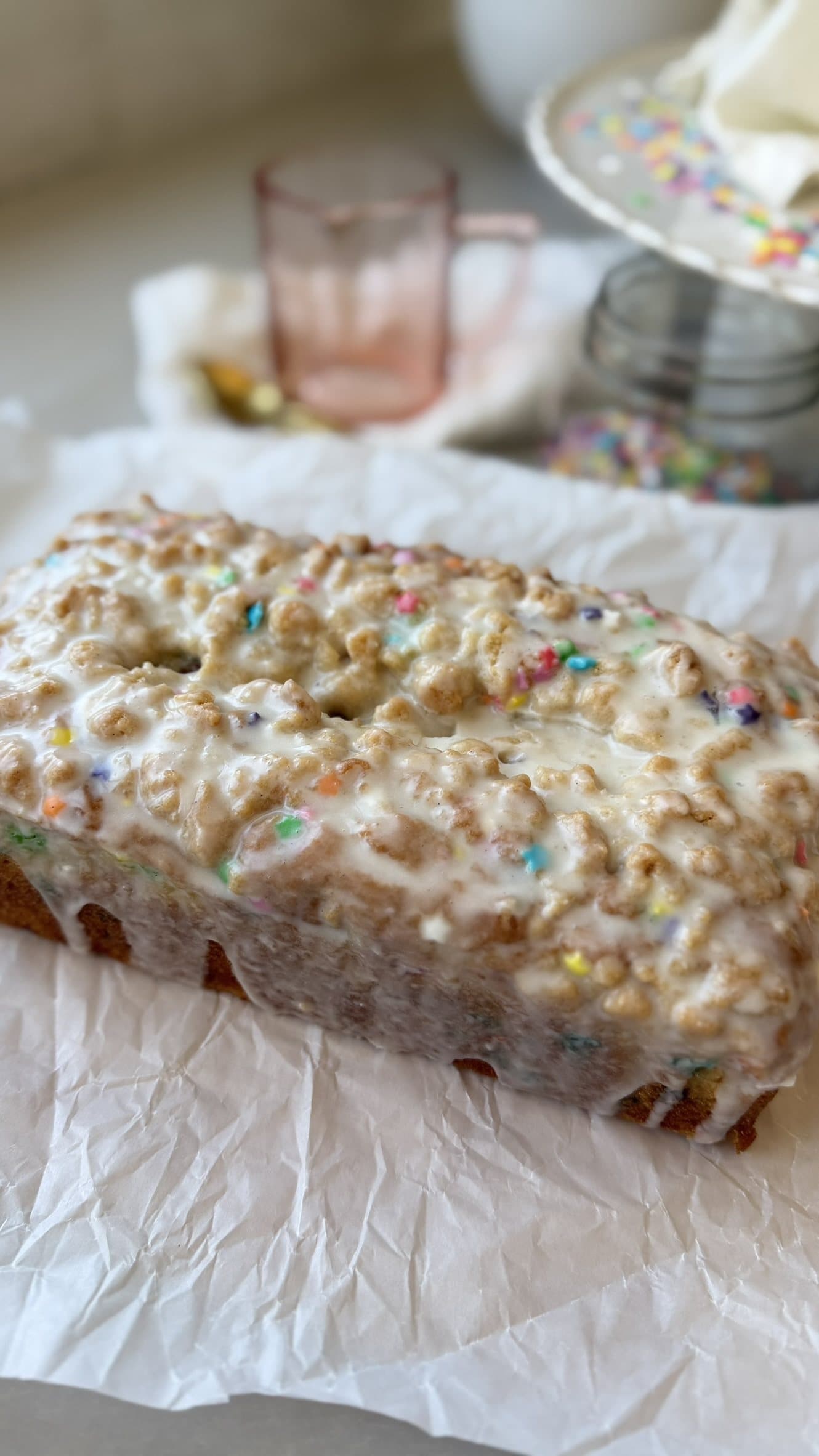 Cake Batter Donut Loaf, finished and ready to serve