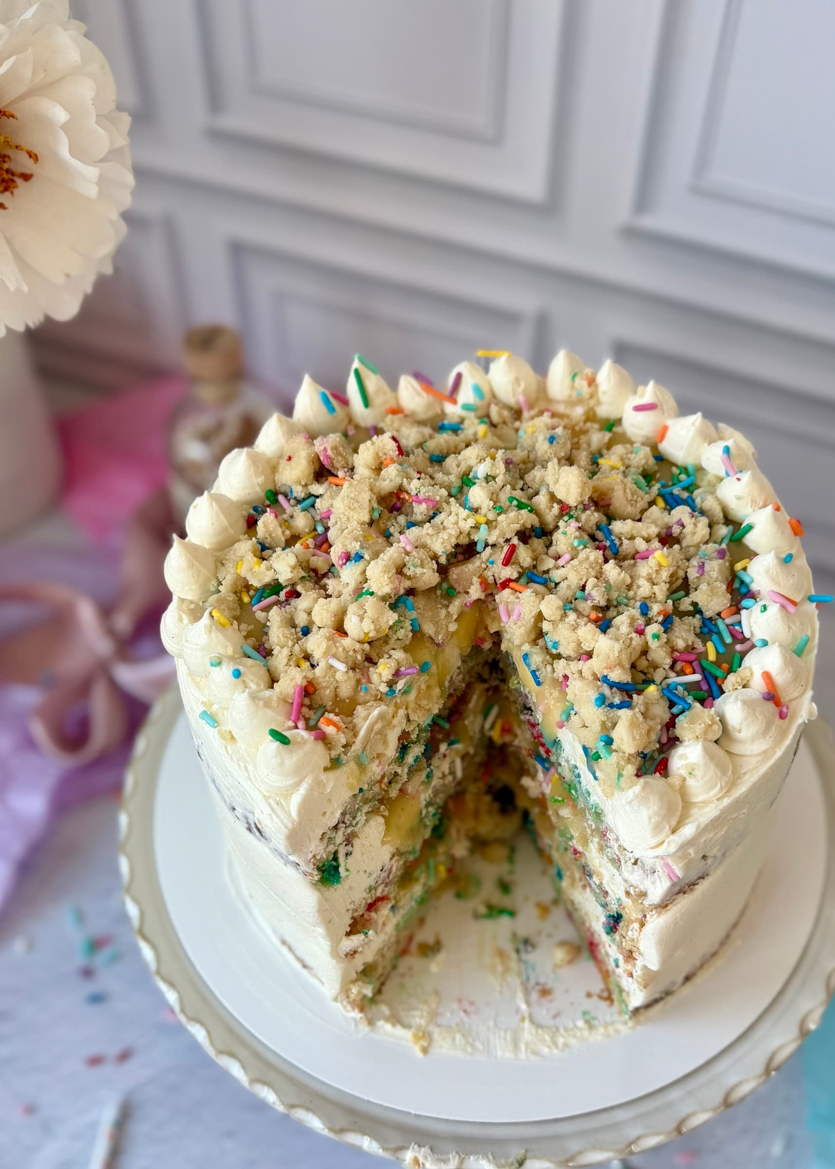 Finished Cake Batter Lava Cake topped with cookie dough pieces and sprinkles