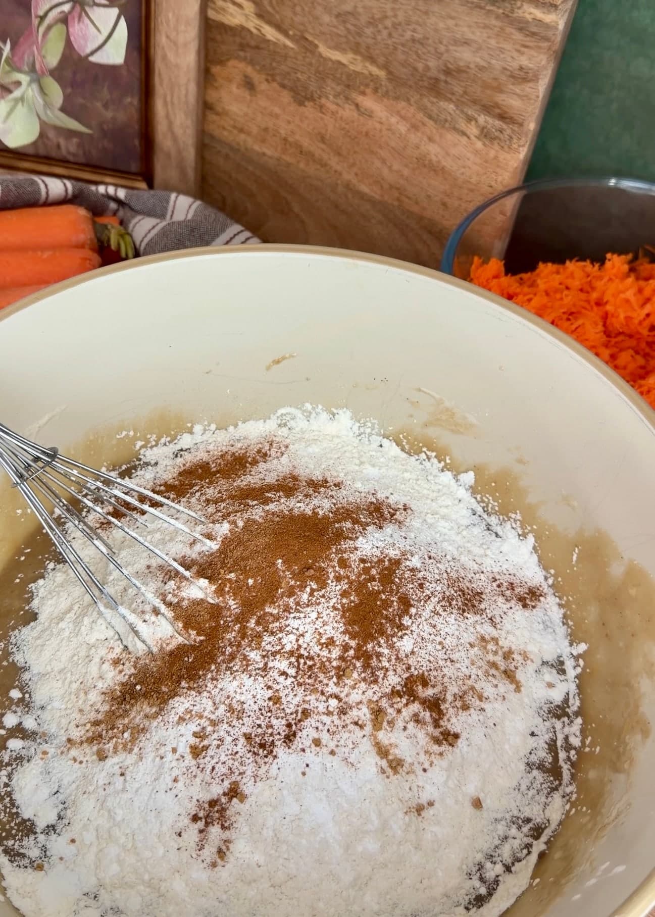 Cake flour and spices added over the wet ingredients