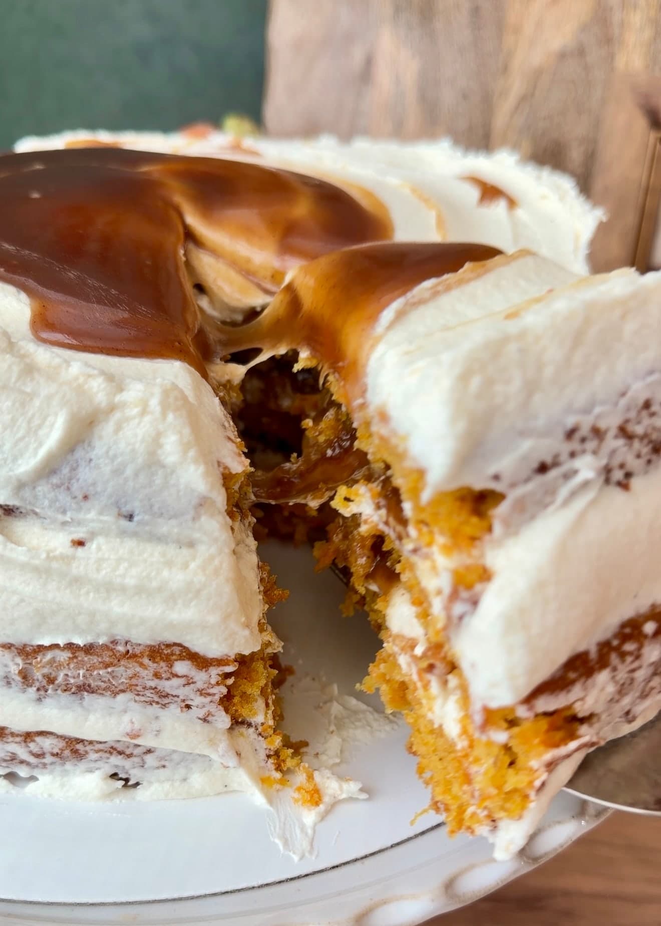 A slice lifted from the finished Carrot Cinnamon Roll Lava Cake