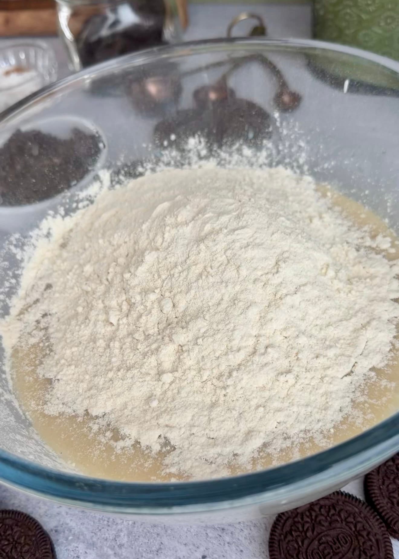 Flour added over the wet ingredients