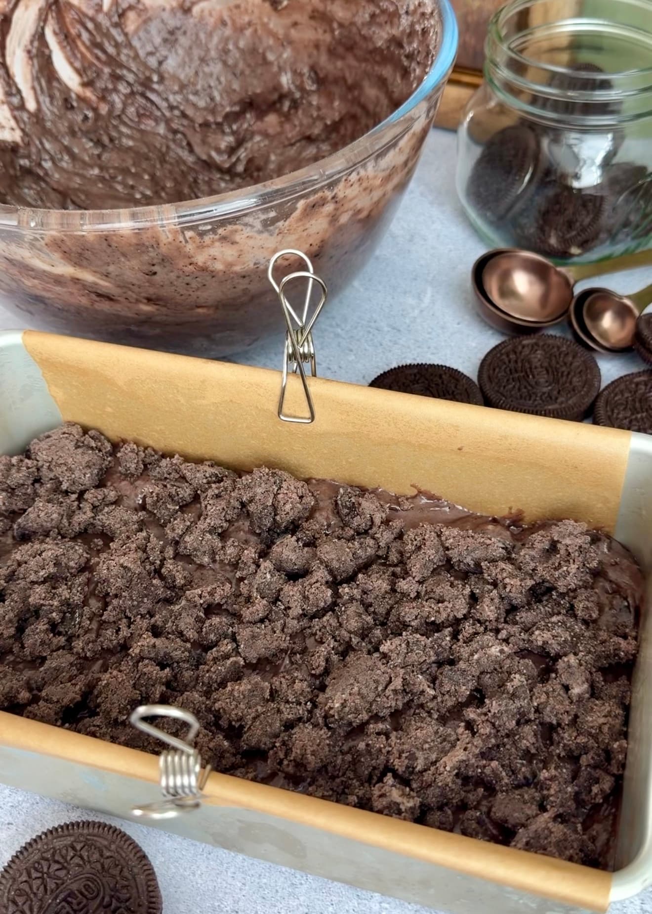 Streusel scattered over the first batter layer