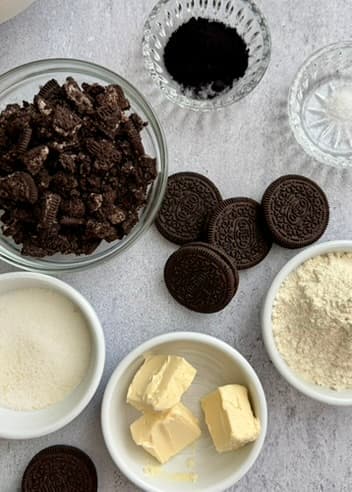 Ingredients for the Oreo streusel arranged on the counter
