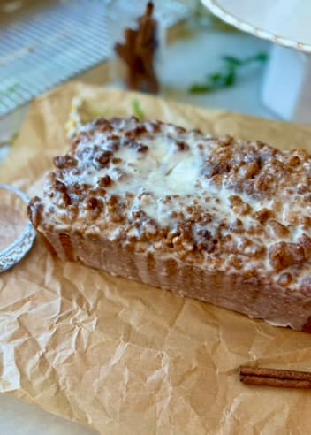 Whole glazed Snickerdoodle Donut Loaf with cinnamon streusel