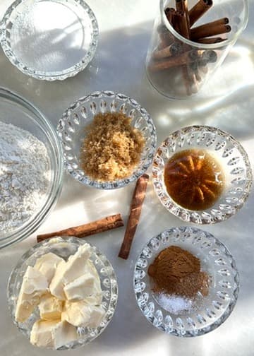 Butter, sugars, flour and cinnamon measured for streusel