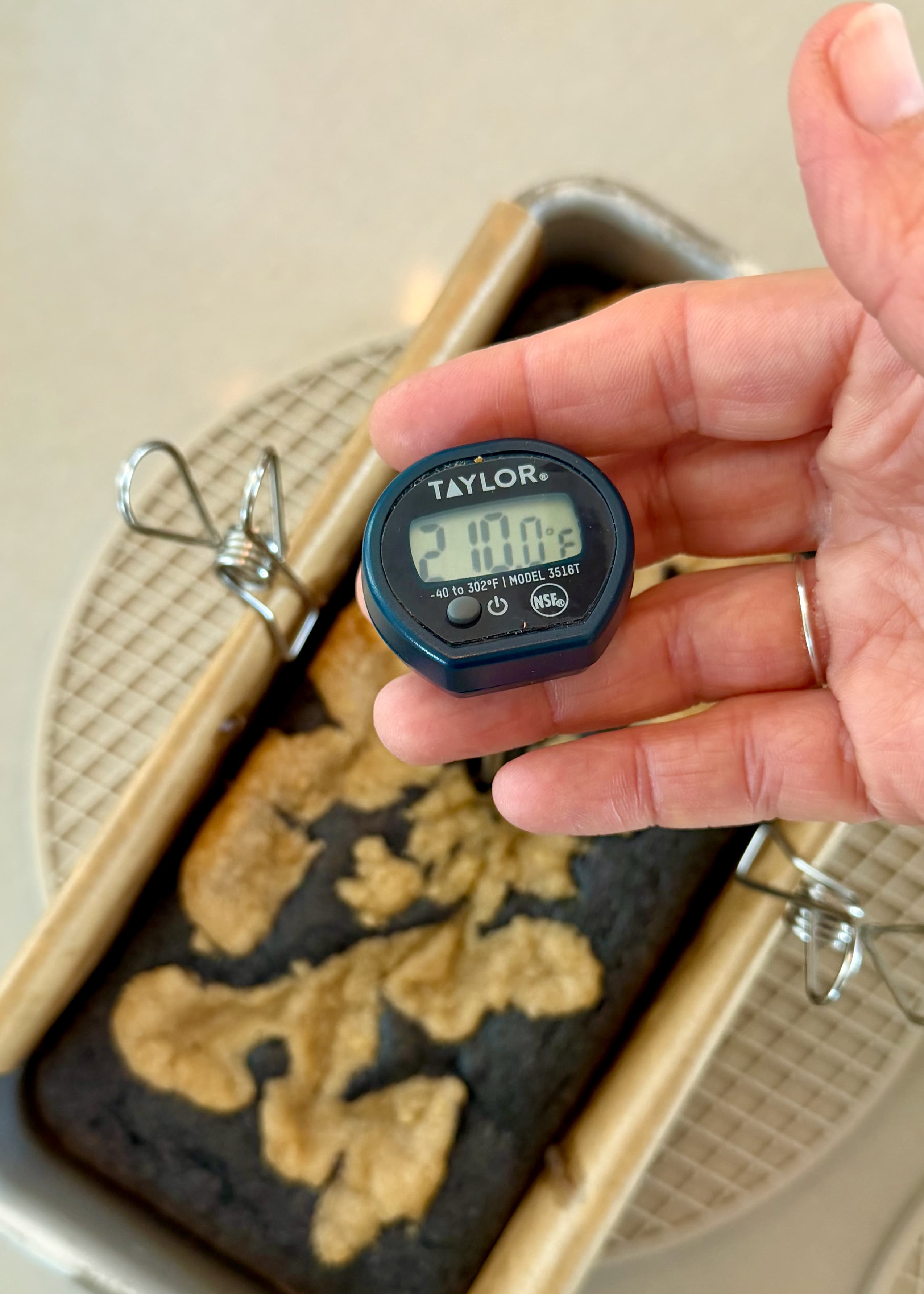 A thermometer reading 210.0 degrees Fahrenheit held above a baked blueberry loaf