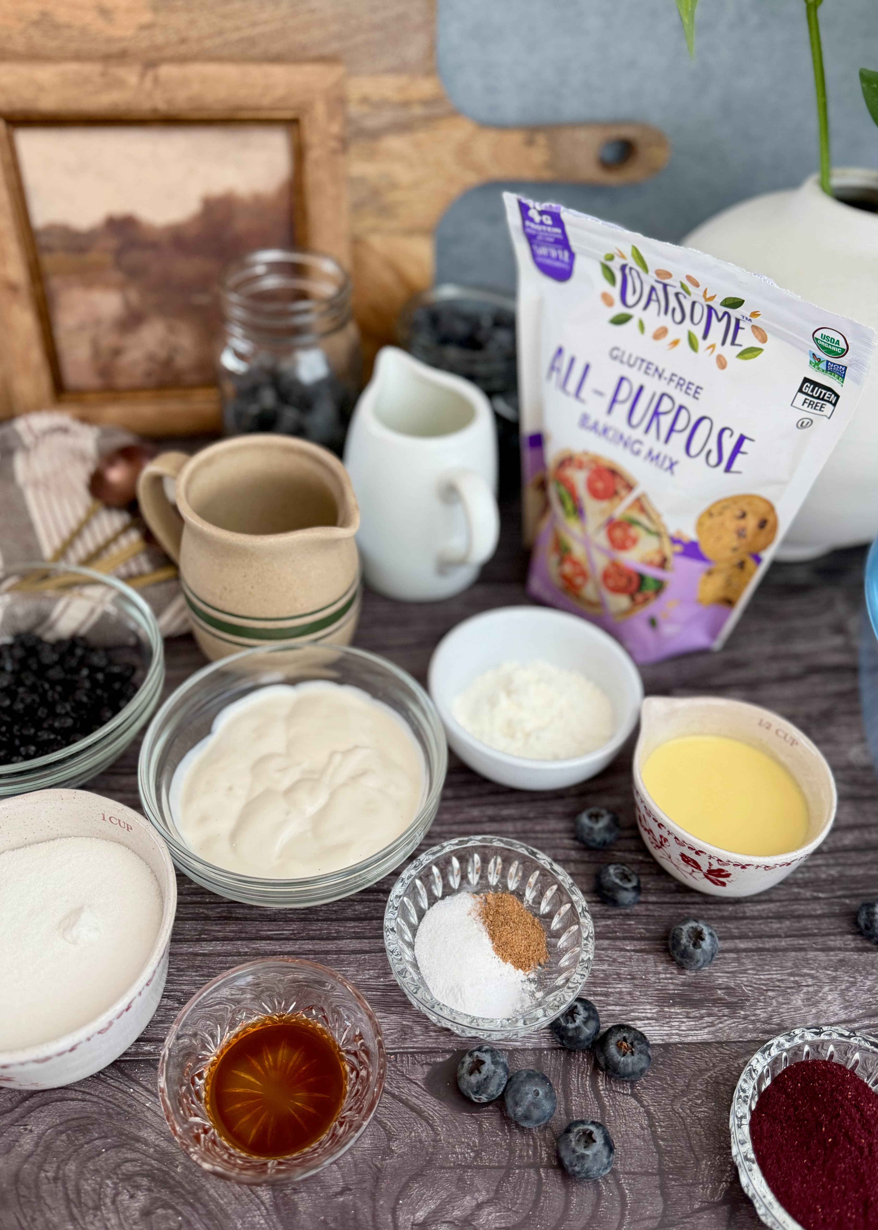 Oatsome Gluten-Free All-Purpose Baking Mix beside the blueberry loaf ingredients