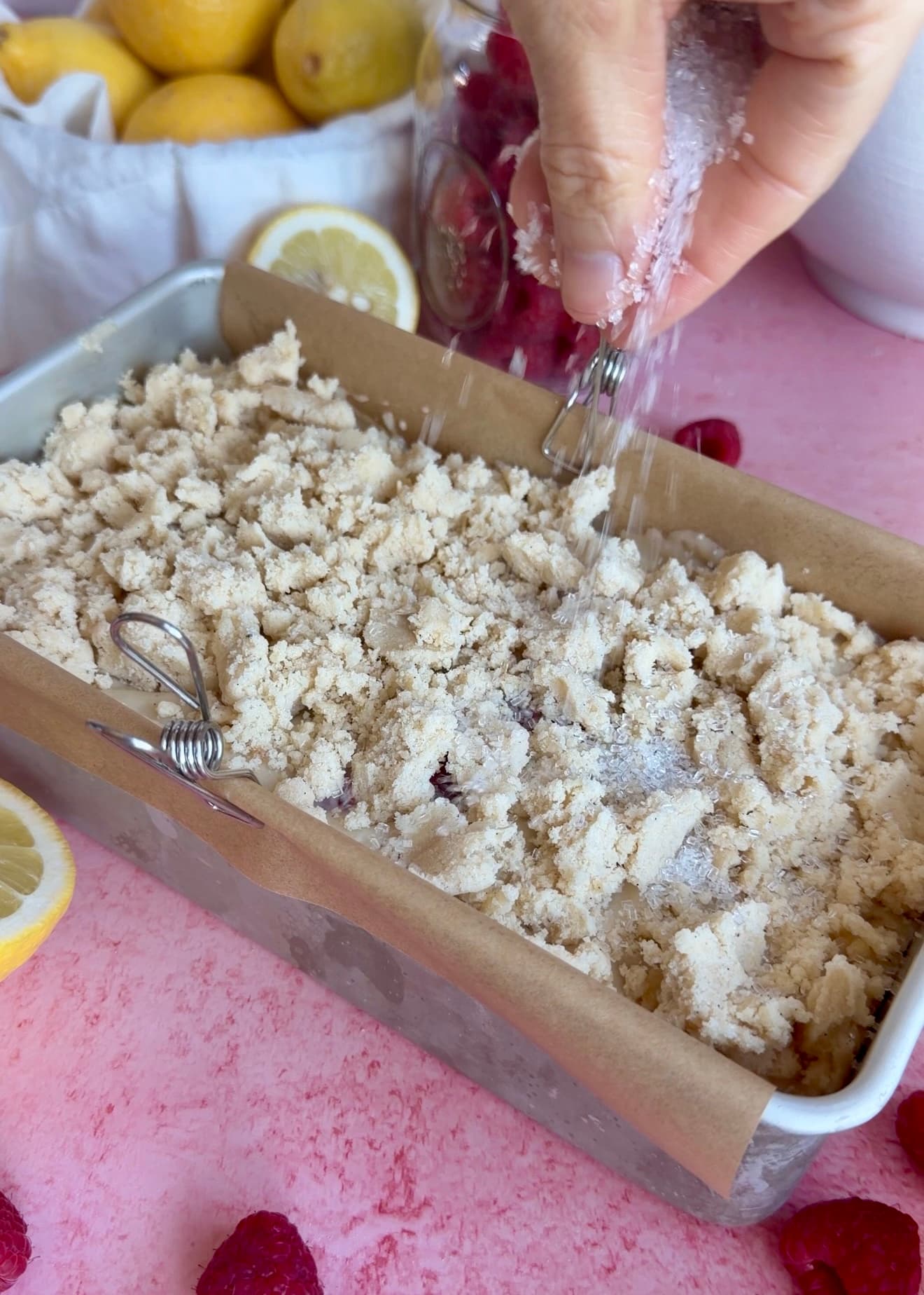 Coarse sanding sugar sprinkled over the streusel before baking