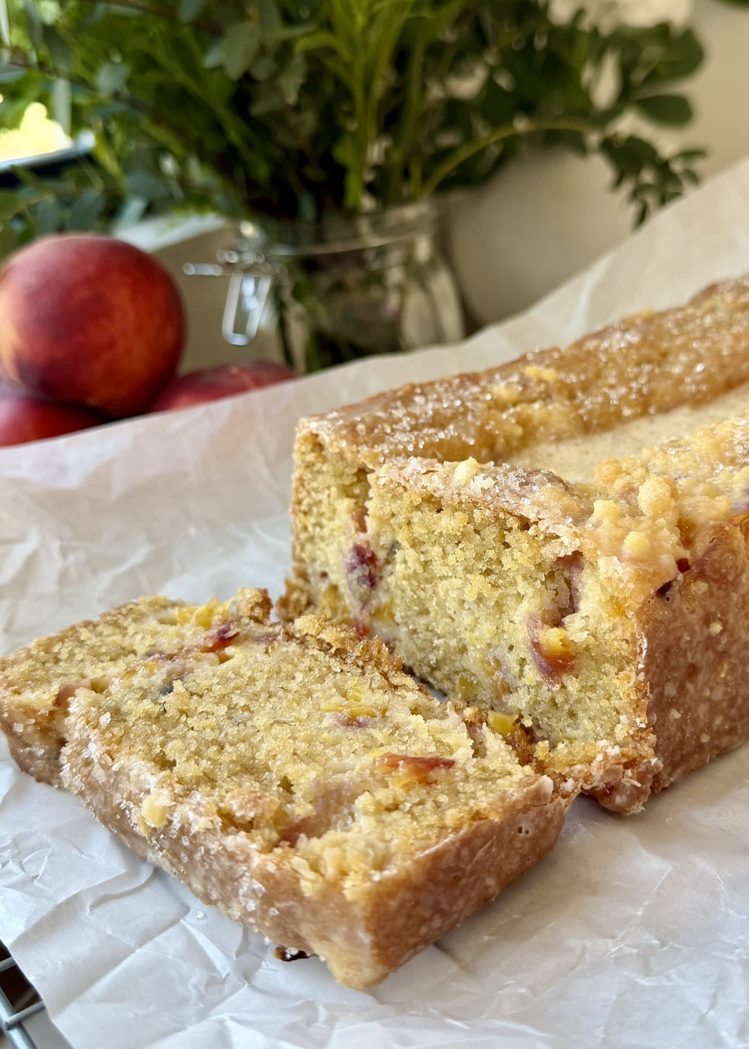 Peach Cornbread Donut Loaf, finished and ready to serve