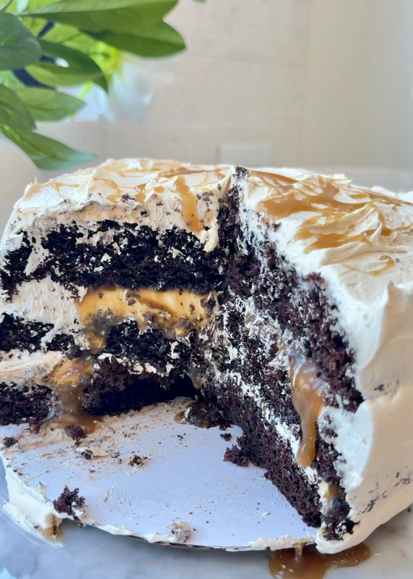 Finished Salted Caramel Mocha Lava Cake cut open to reveal chocolate layers and caramel