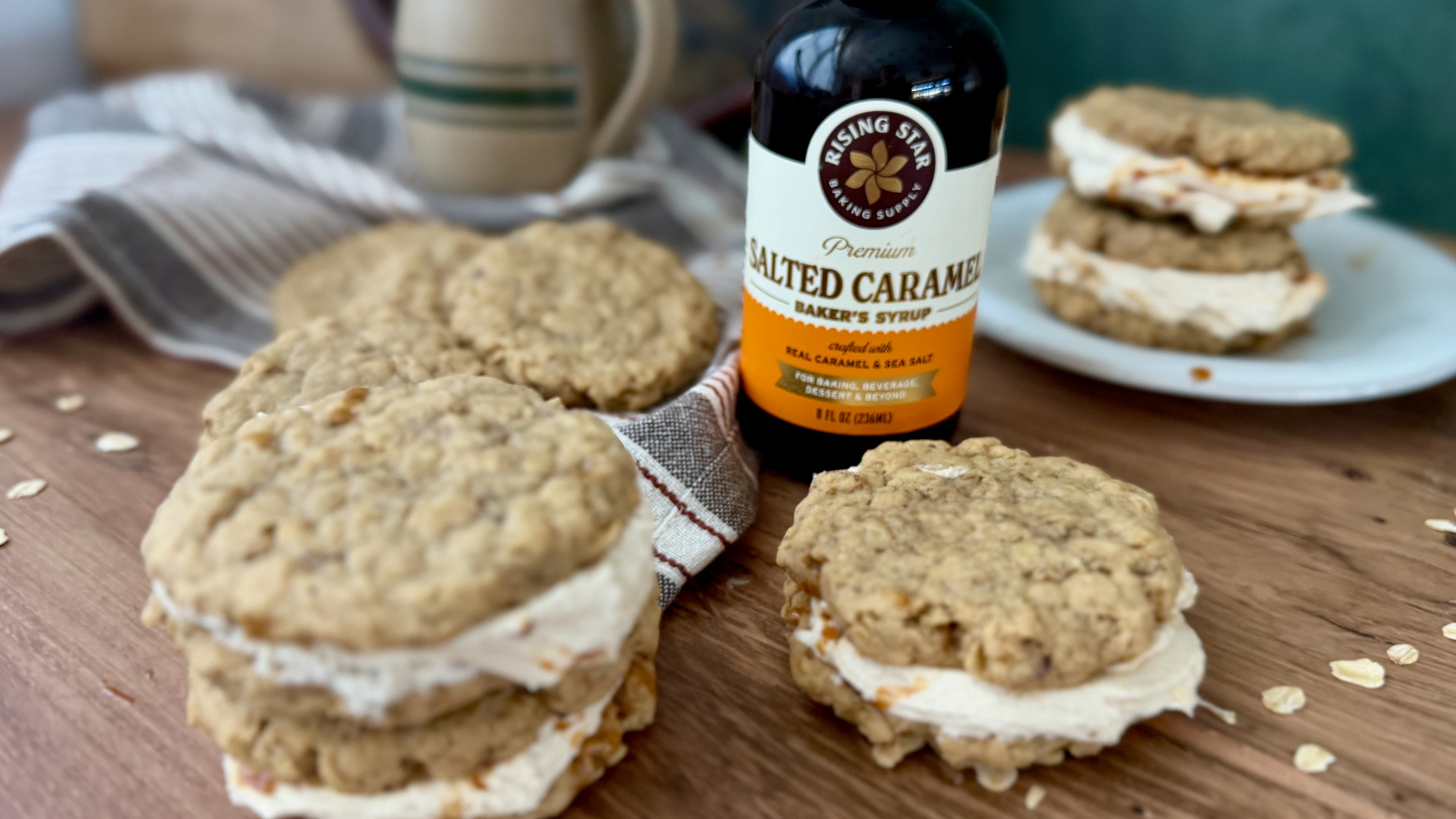 Salted caramel oatmeal cream pies with soft cookies and visible cream filling
