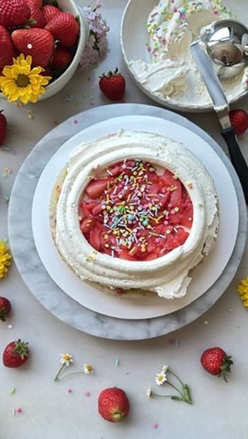 Strawberry filling and sprinkles inside a buttercream border