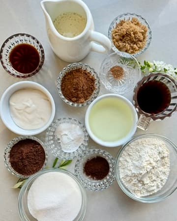 Measured cocoa, flour, sugars and wet ingredients