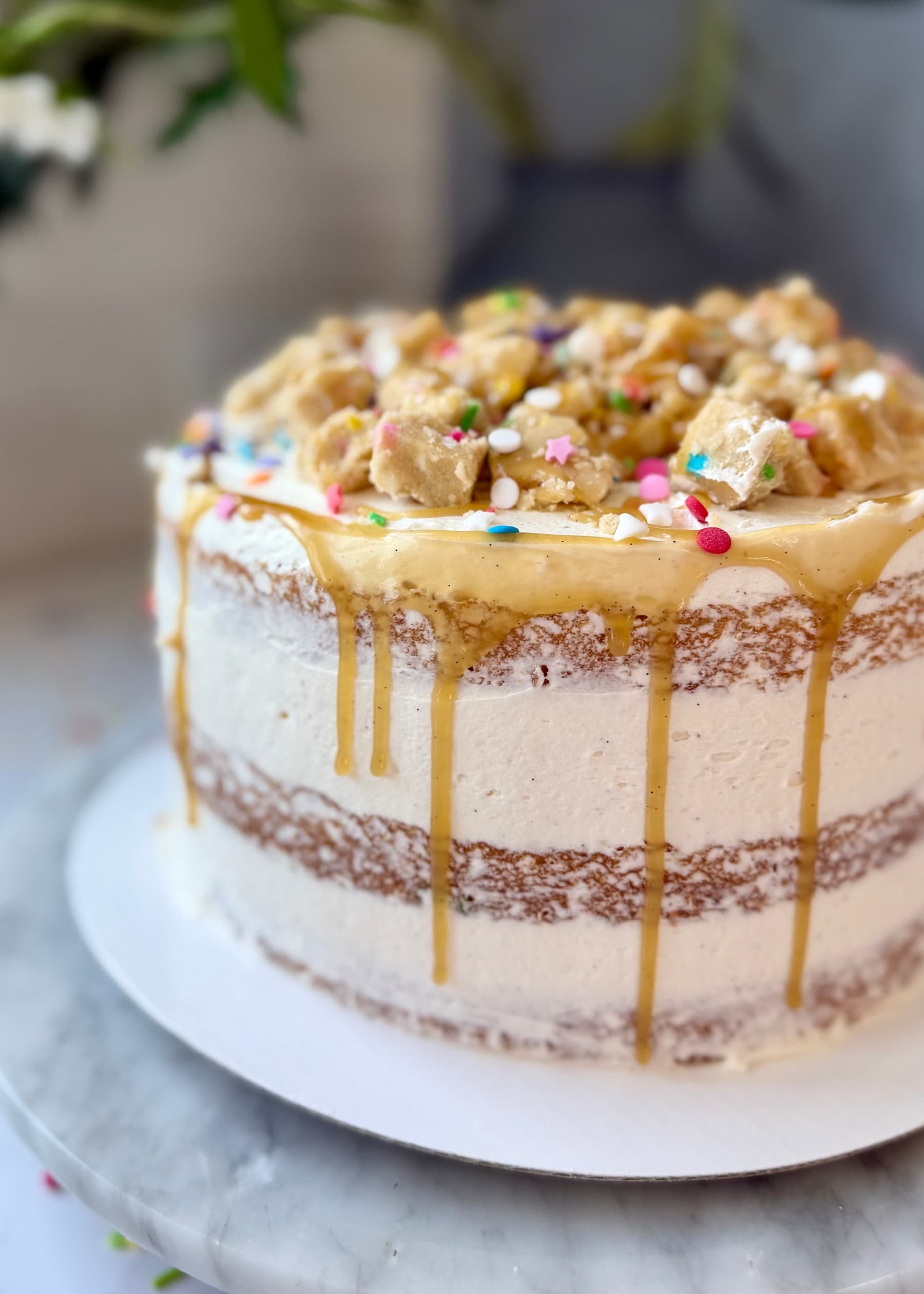 Finished Blondie Lava Cake with cookie dough, sprinkles and blondie drizzle