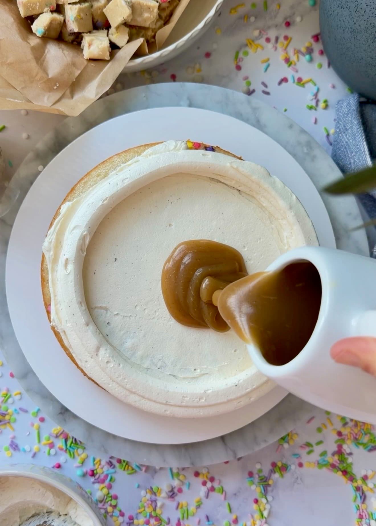Blondie lava pouring into the buttercream-lined center