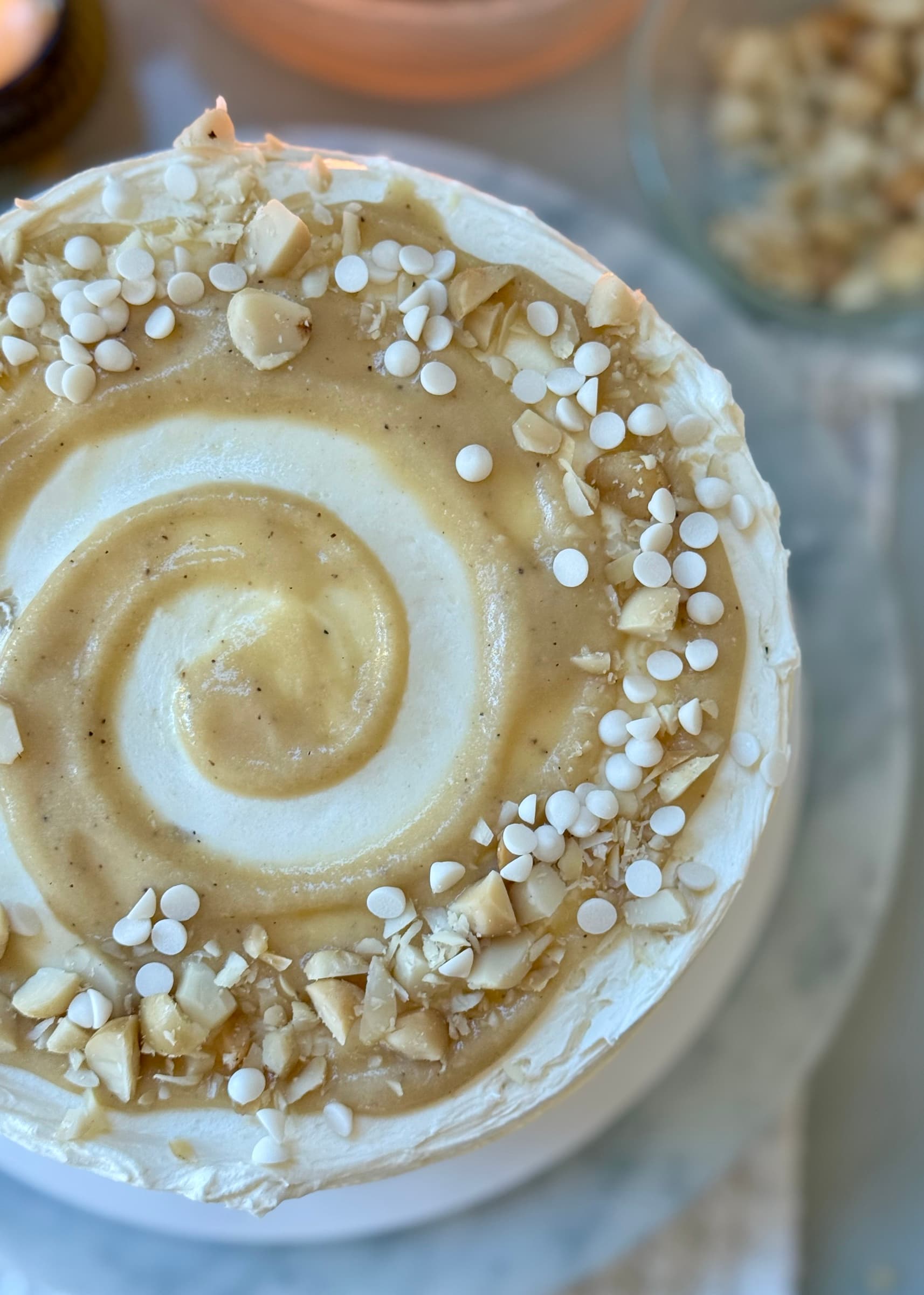 White Chocolate Macadamia Nut Lava Cake, finished and ready to serve