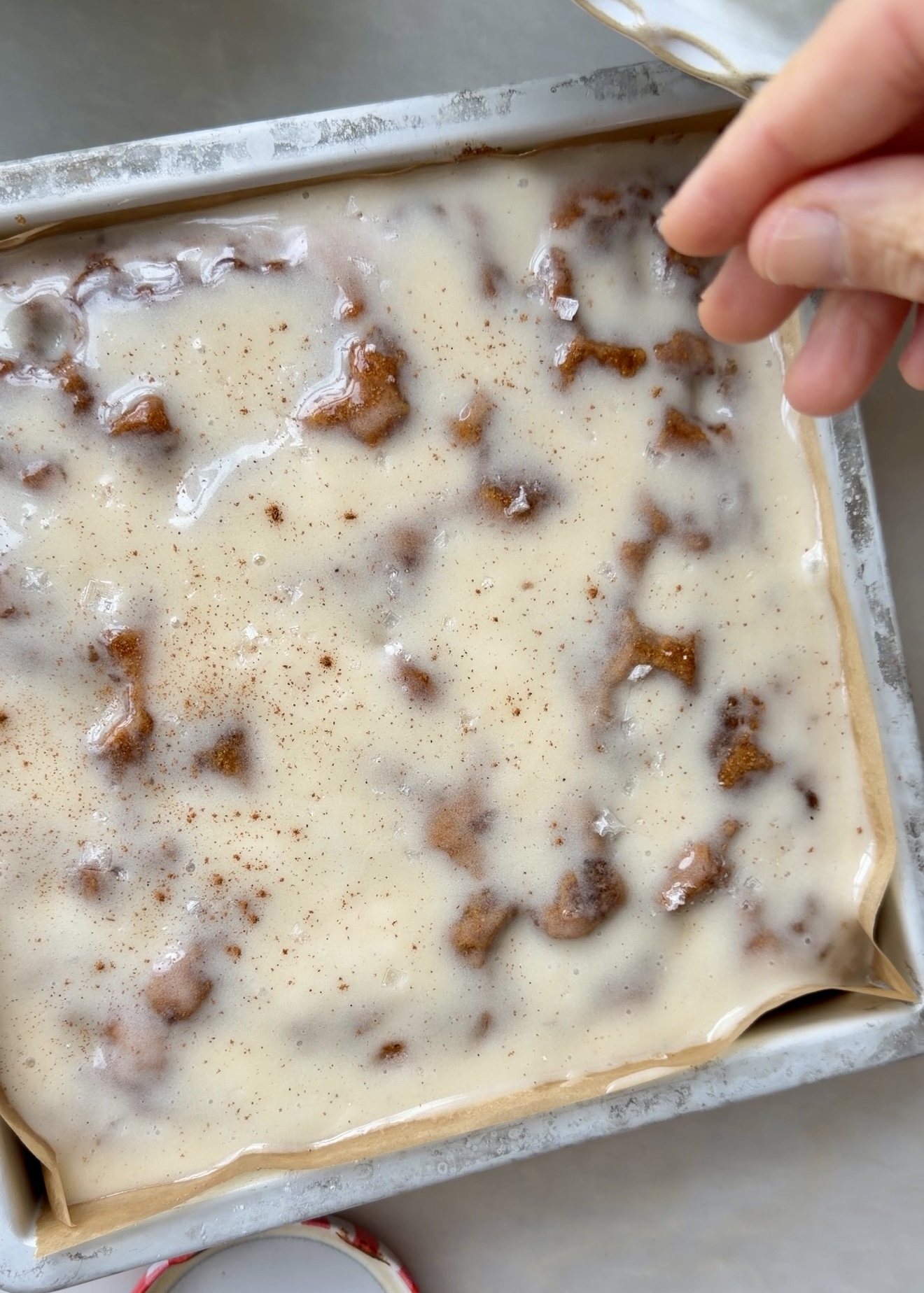 Warm Banana Cornmeal Cinnamon Roll Poke Cake: BC45066F C668 4341 8966 C1C0A7E4113D 1 201 a