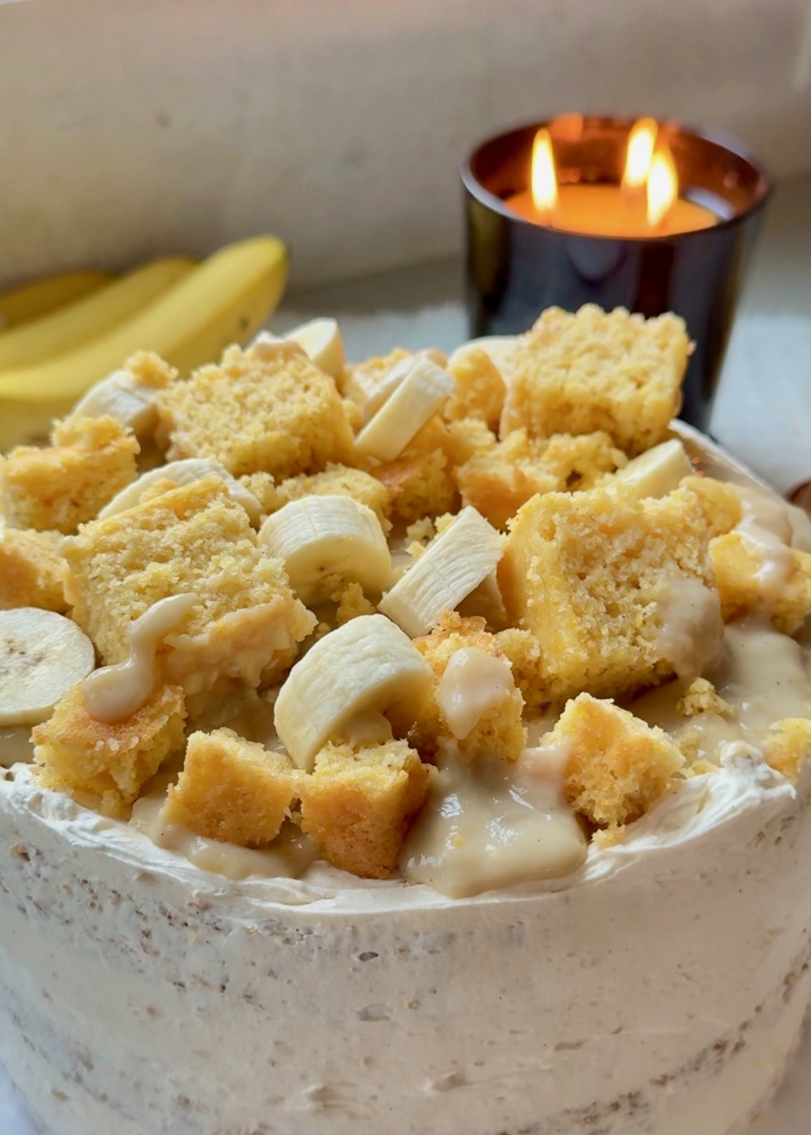 Banana Cream and Cornbread Lava Cake topped with banana slices and cornbread pieces