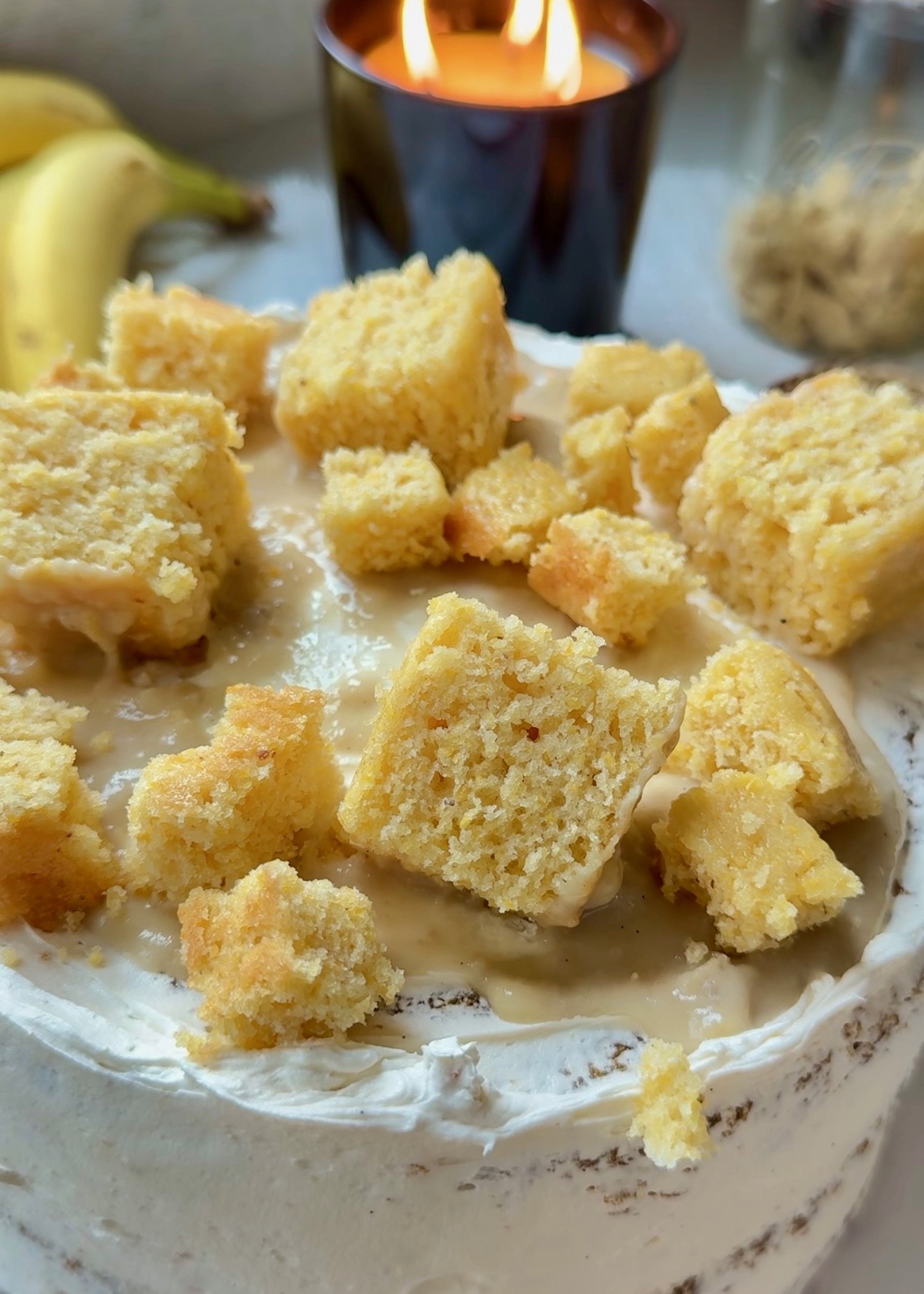 Finished Banana Cream and Cornbread Lava Cake topped with cornbread pieces