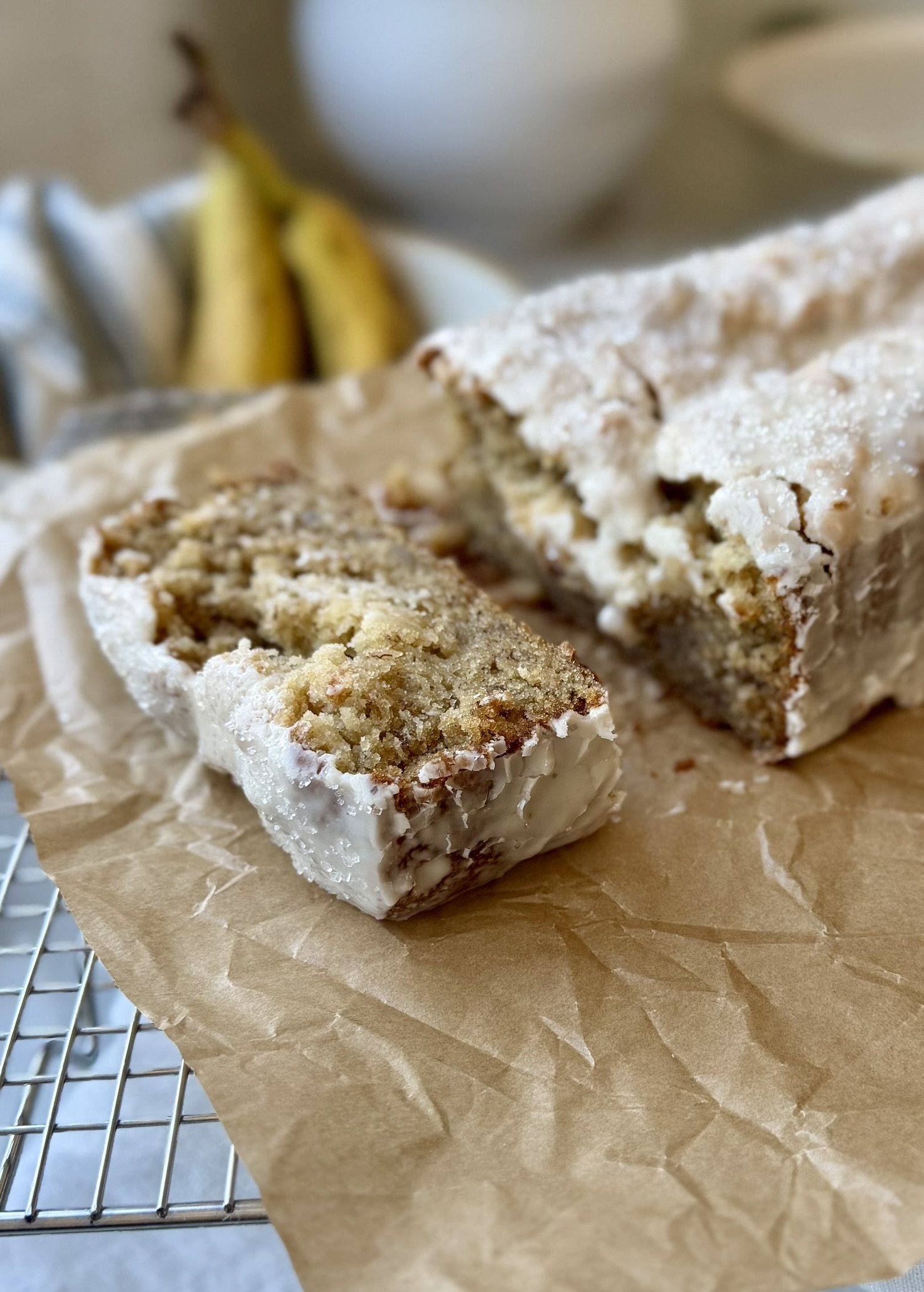 Banana Old-Fashioned Donut Loaf, finished and ready to serve