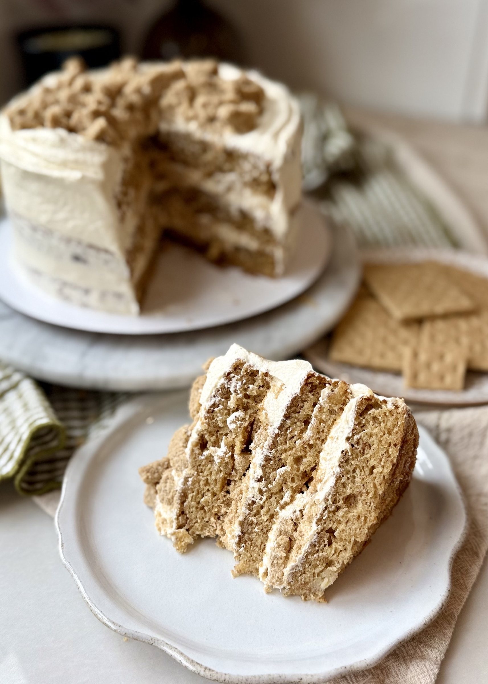 Banana & Graham Cracker Cookie Dough Cheesecake Cake, finished and ready to serve