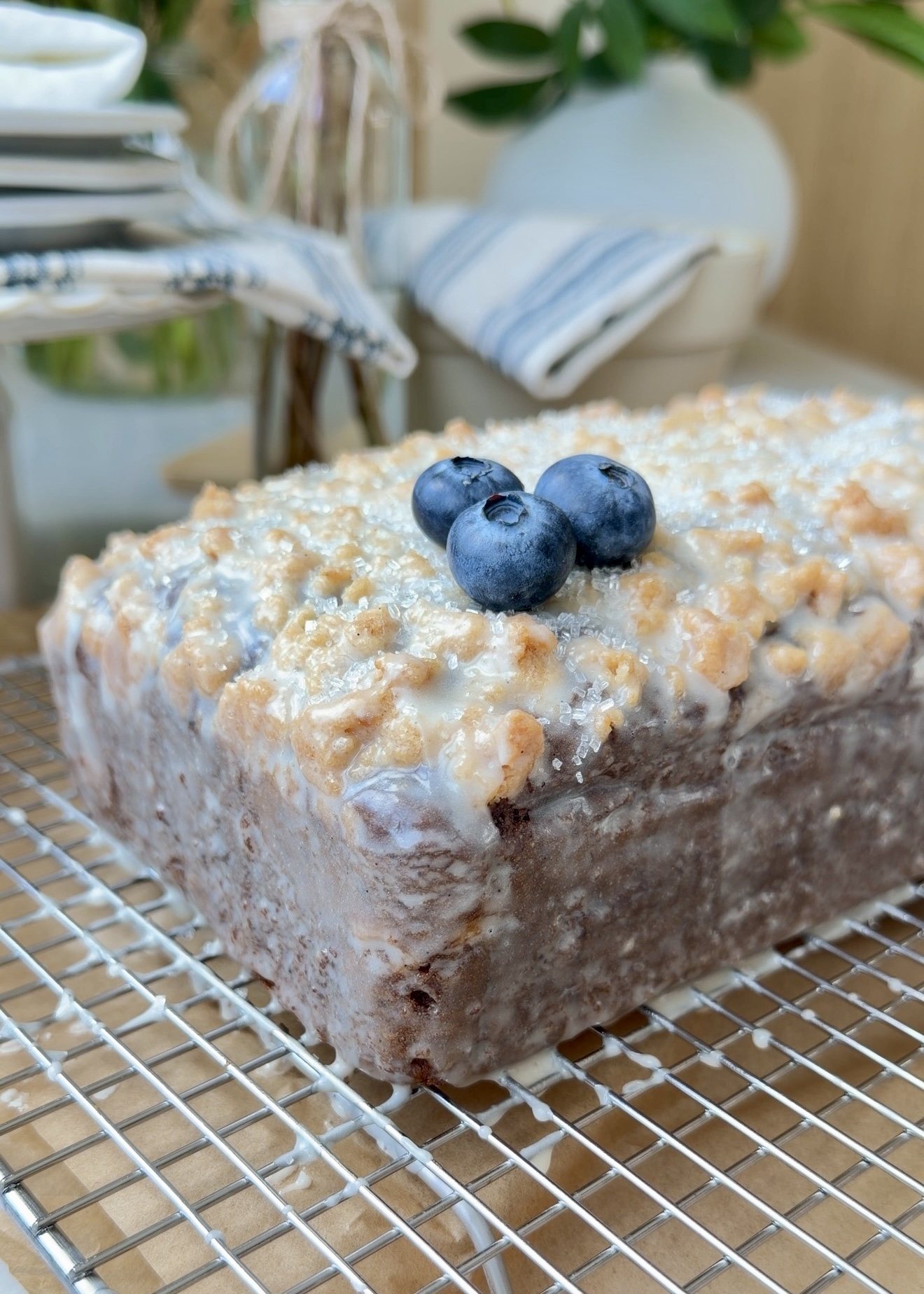 Blueberry Old-Fashioned Donut Loaf, finished and ready to serve