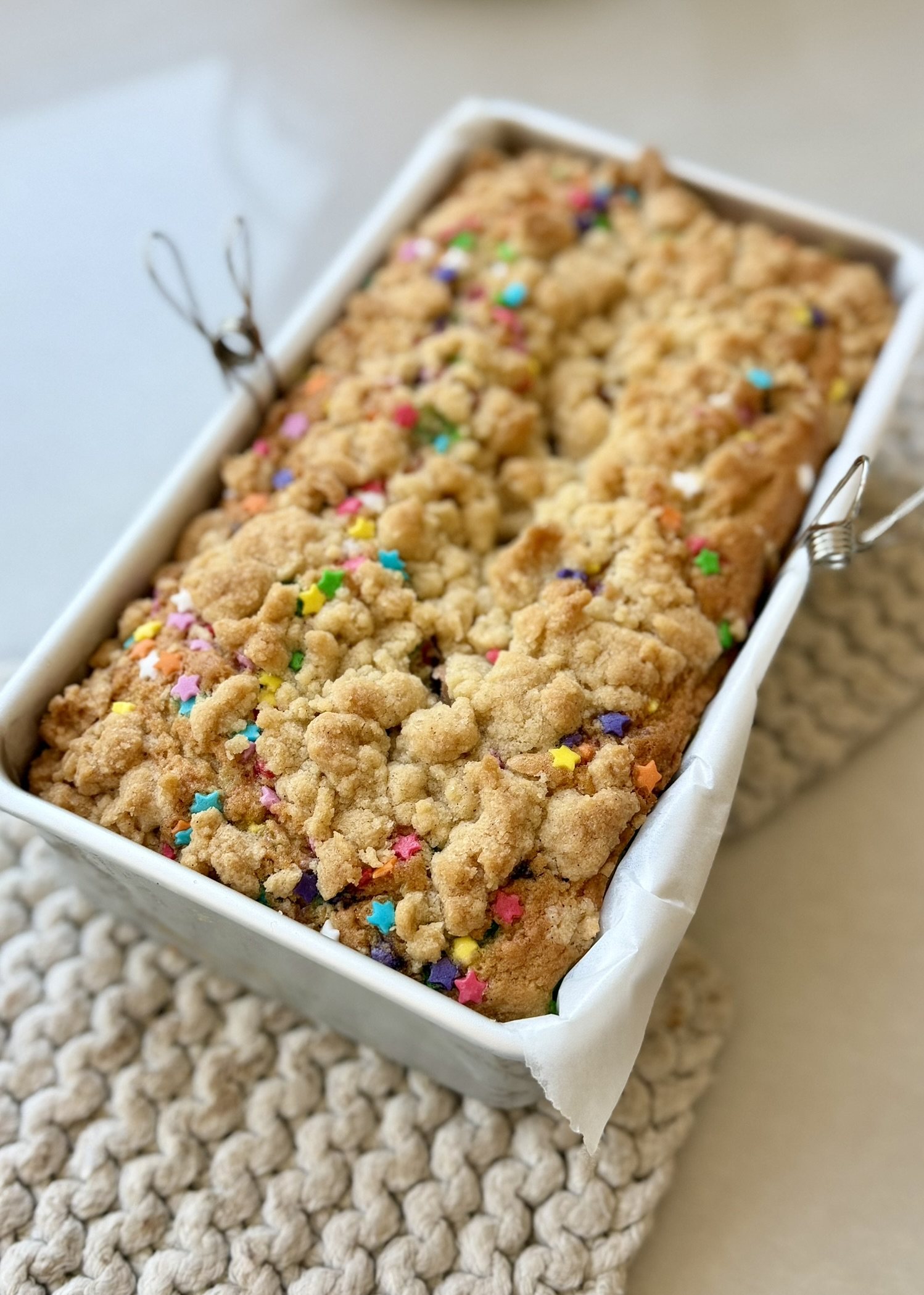 Cake Batter Donut Loaf: baked angle