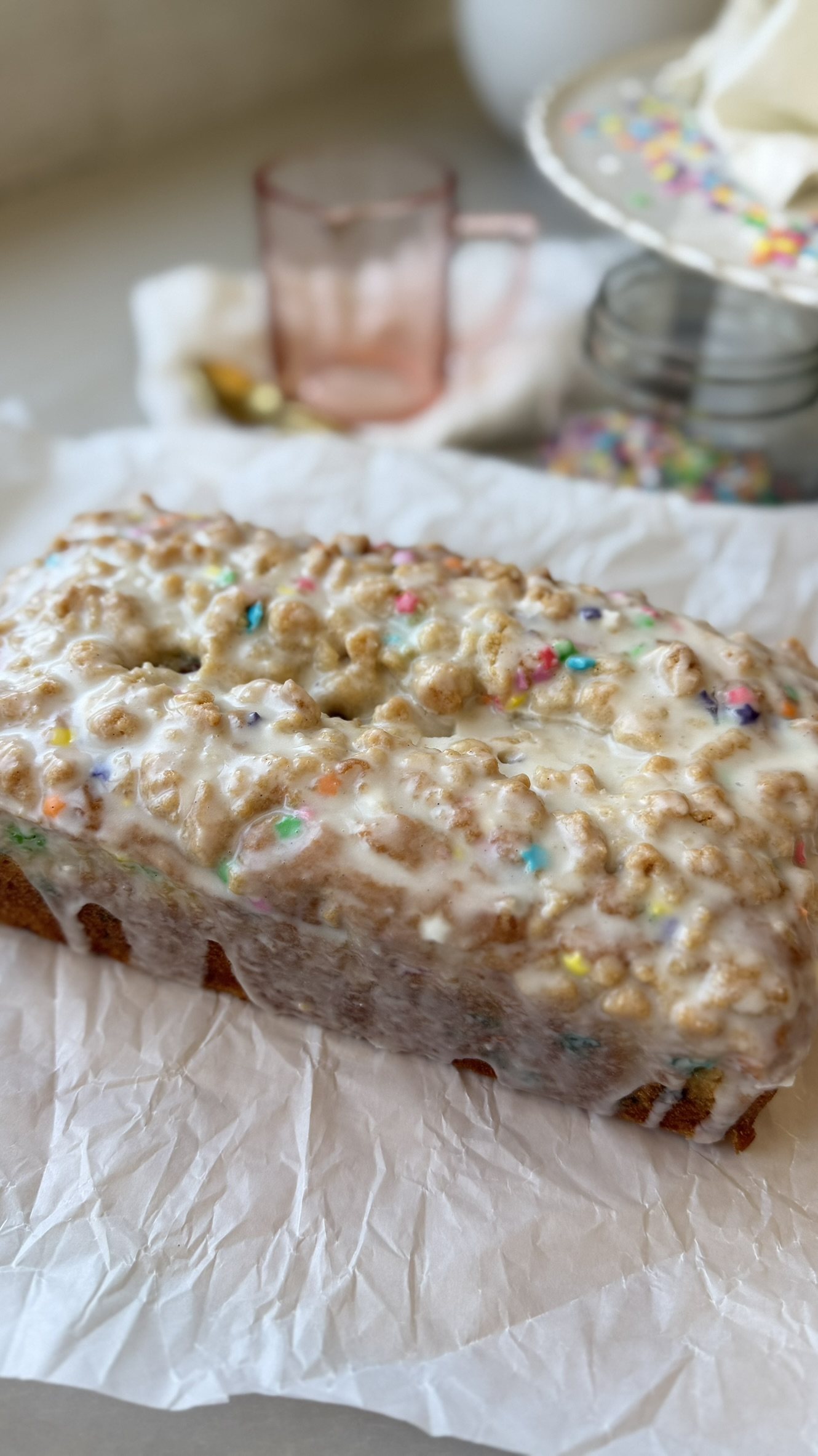 Cake Batter Donut Loaf, finished and ready to serve