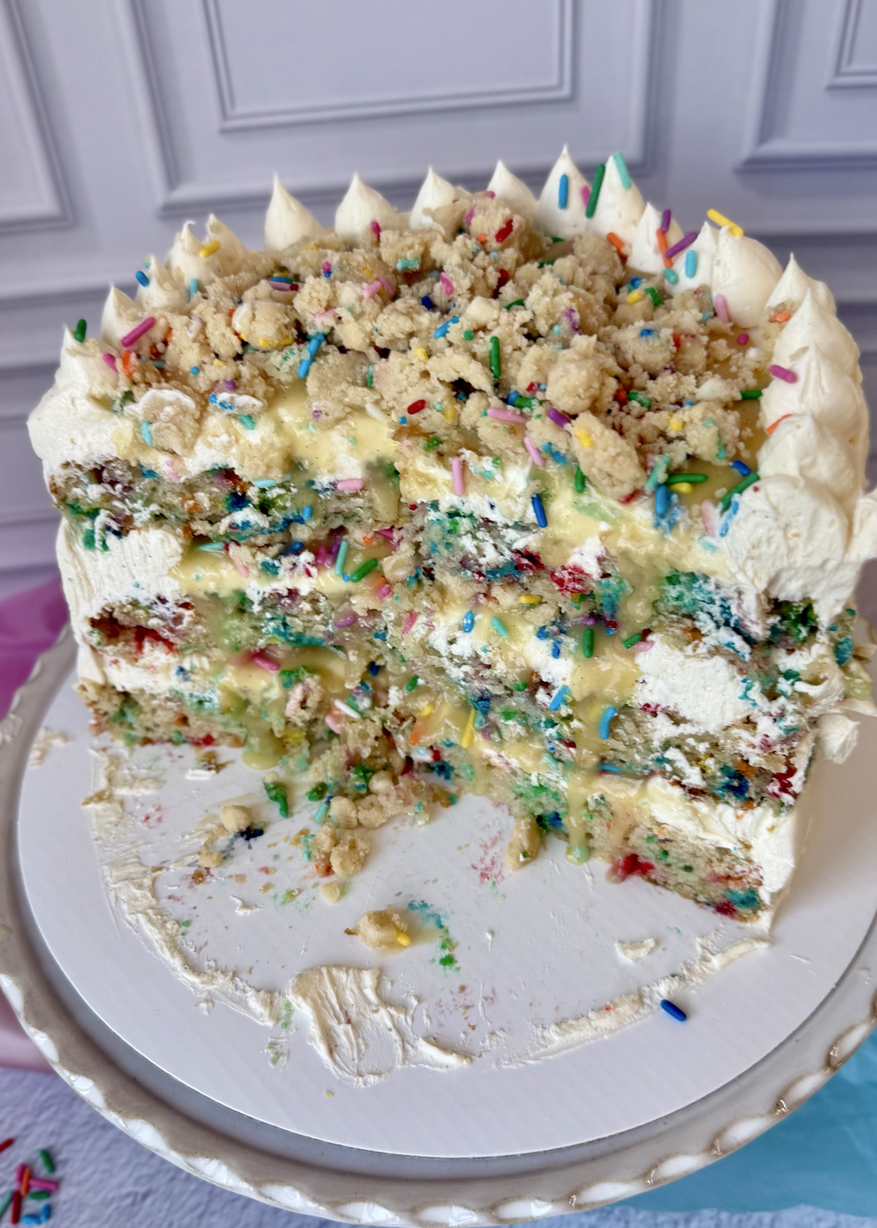 Cake Batter Lava Cake with a slice removed and filling moving through the layers