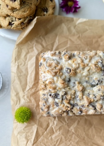 Chocolate Chip Cookie Donut Loaf: glazed overhead