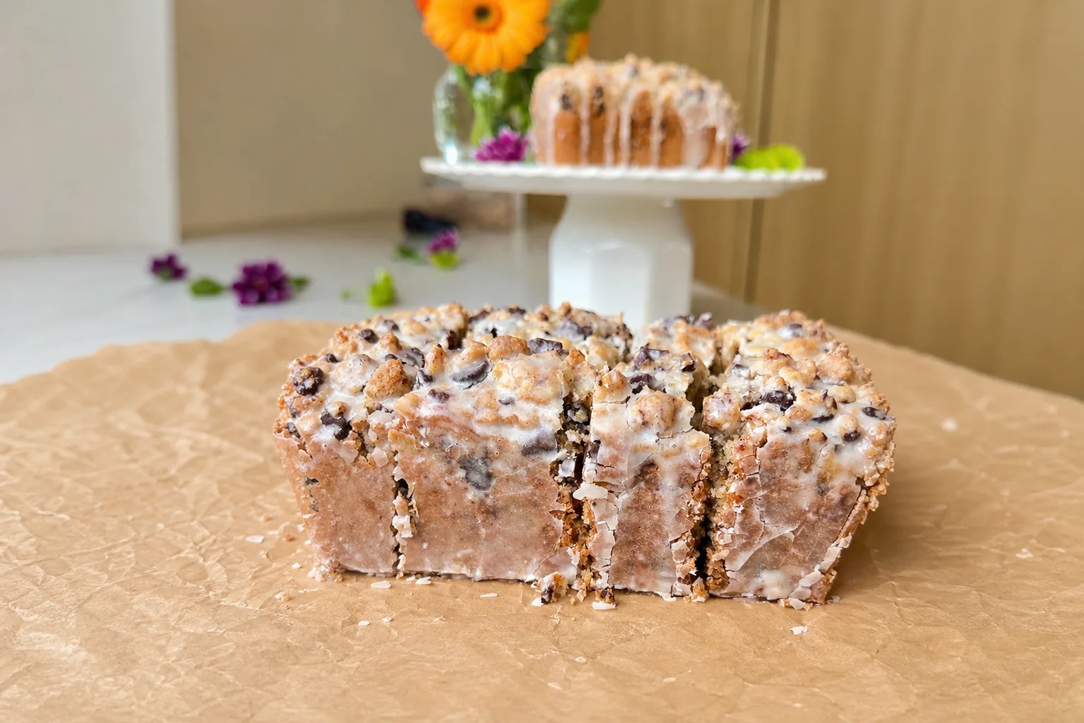Chocolate Chip Cookie Donut Loaf, finished and ready to serve
