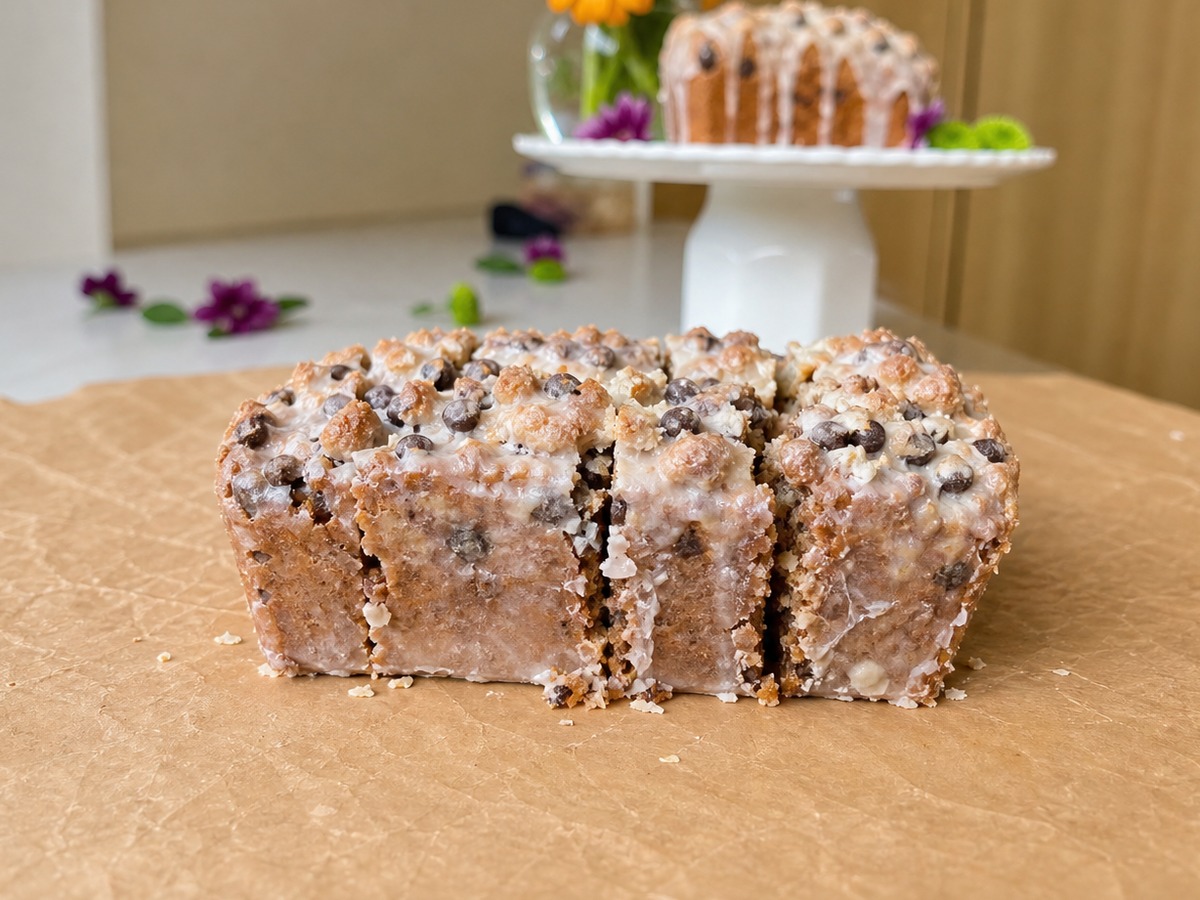 Chocolate Chip Cookie Donut Loaf, finished and ready to serve