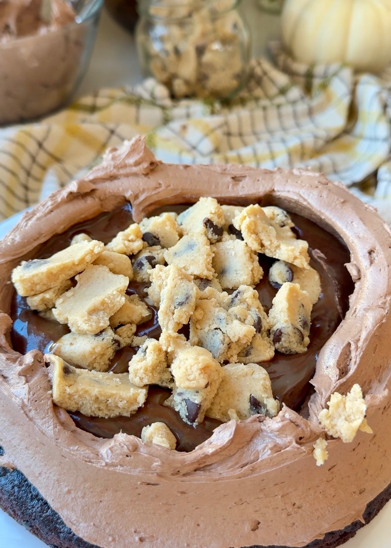 Cookie dough pieces scattered over the molten filling