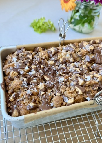 Chocolate Peanut Butter Cup Donut Loaf: baked pan