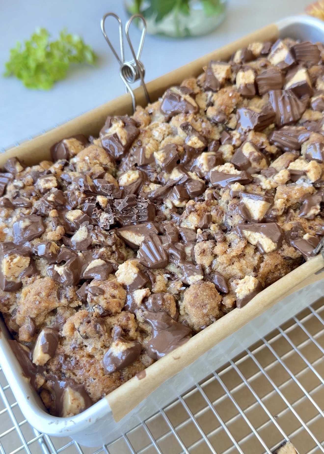 Chocolate Peanut Butter Cup Donut Loaf, finished and ready to serve
