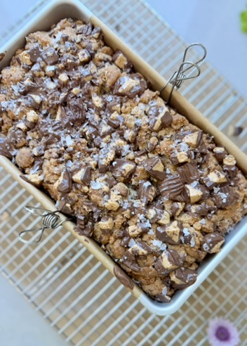 Chocolate Peanut Butter Cup Donut Loaf: overhead pan