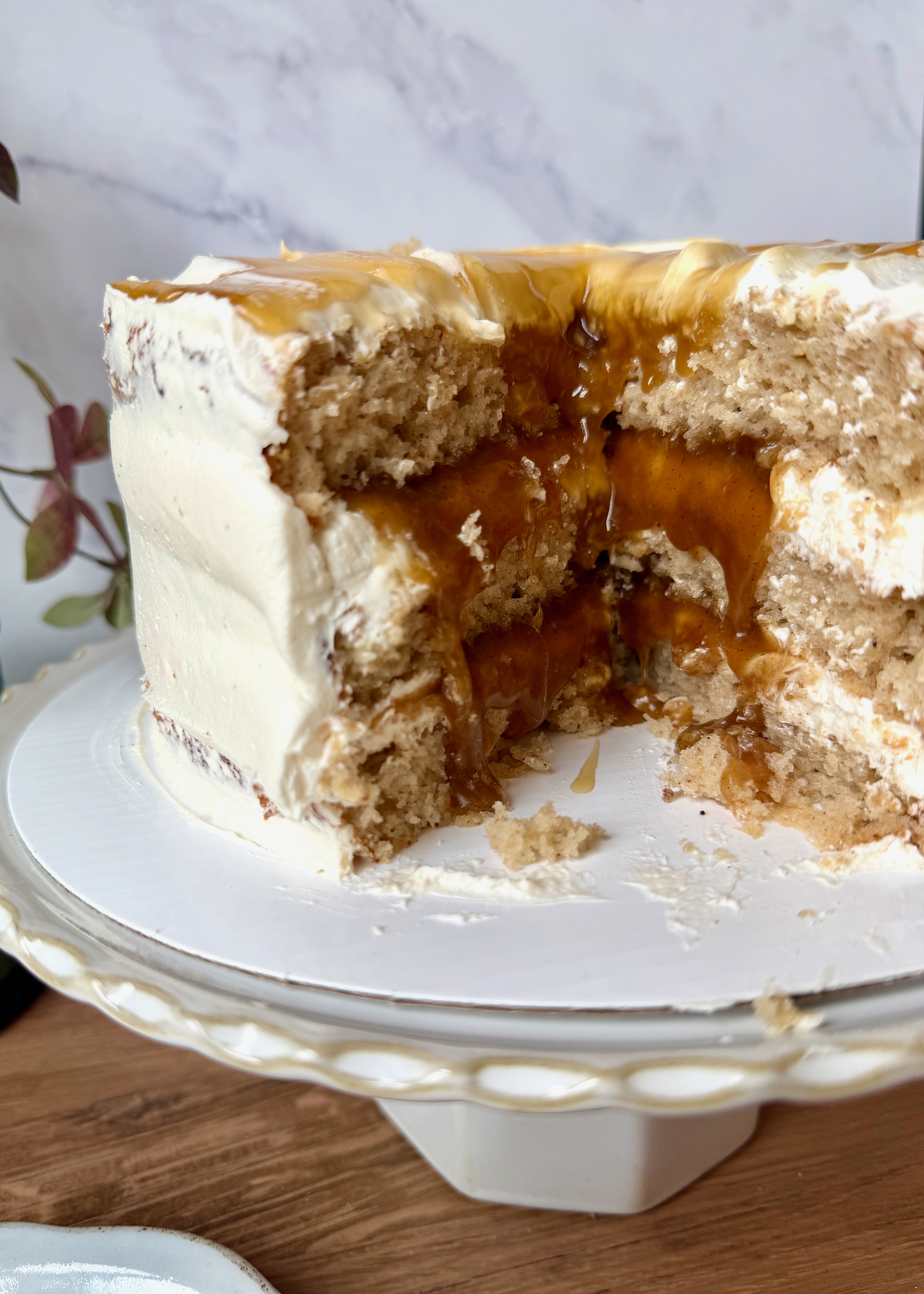 Close view of Cinnamon Roll Lava Cake layers with thick cinnamon filling