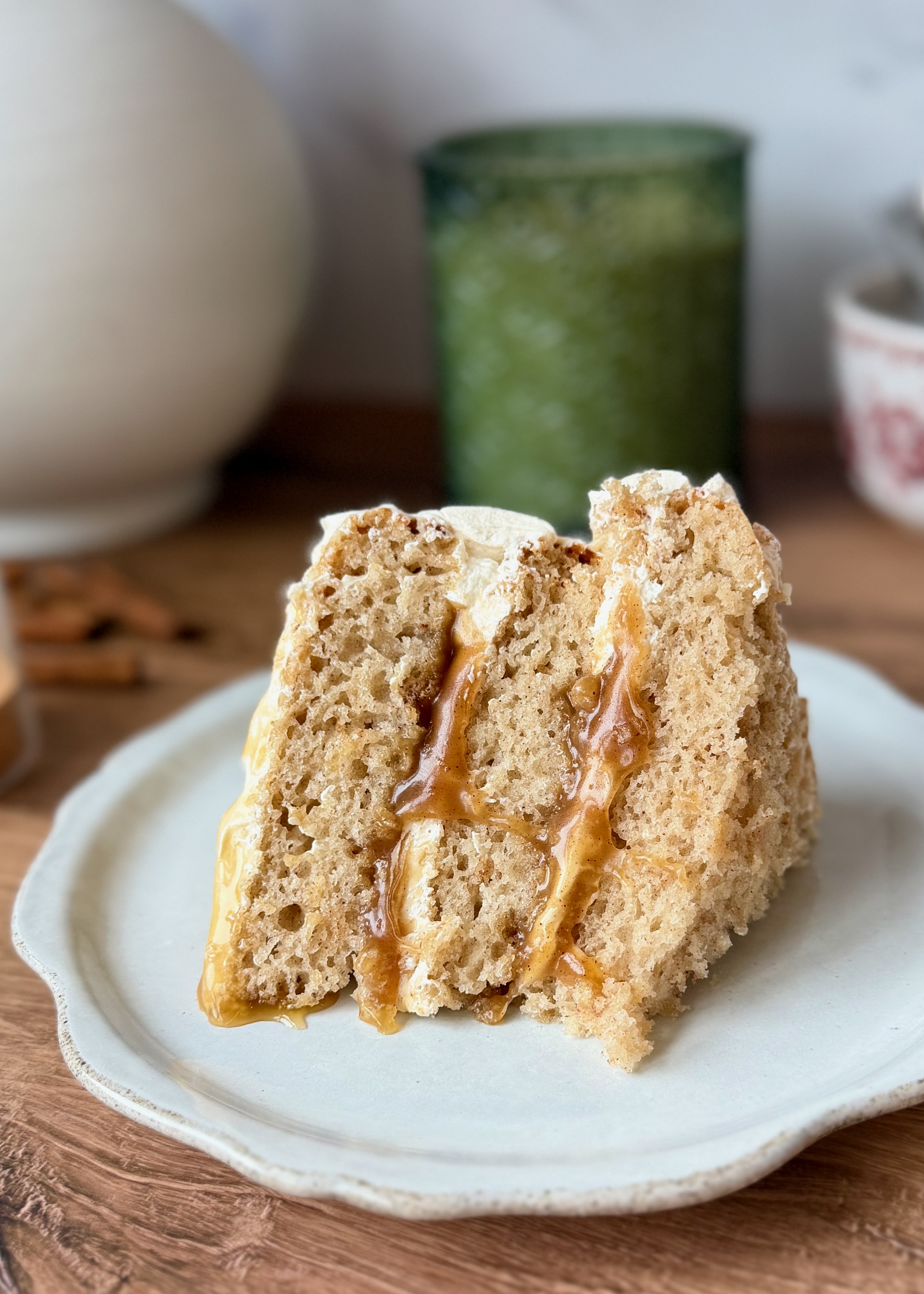 Slice of Cinnamon Roll Lava Cake with thick filling between three layers