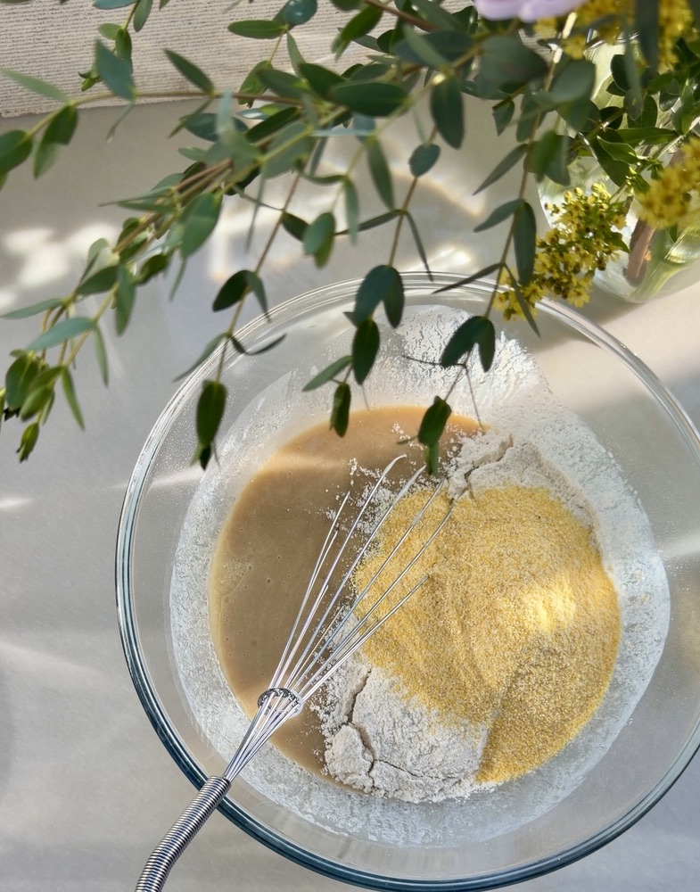 Fine yellow cornmeal and the dry ingredients for Cornbread Donut Loaf
