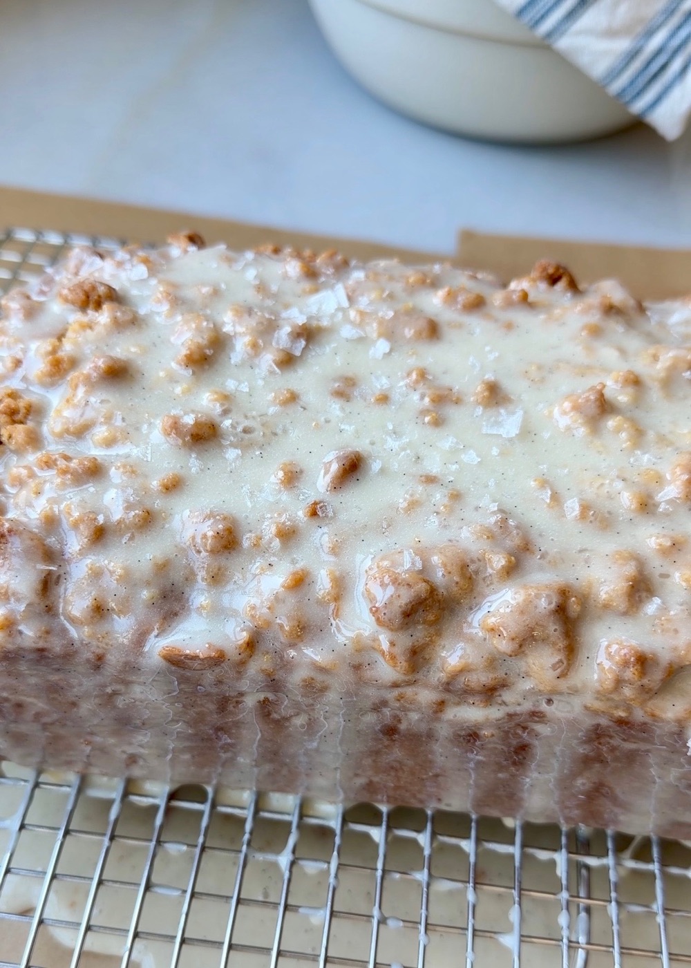 Set vanilla-maple glaze and Maldon flaky salt on French toast donut loaf