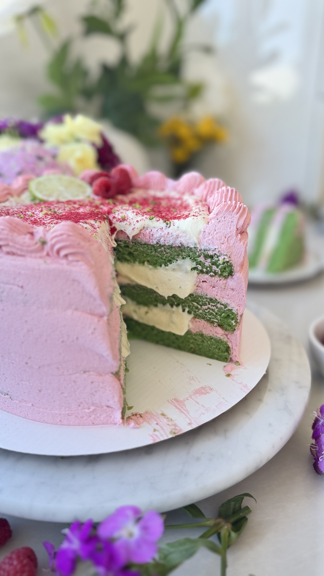 Gluten-Free Raspberry Lime Cream Cake, finished and ready to serve